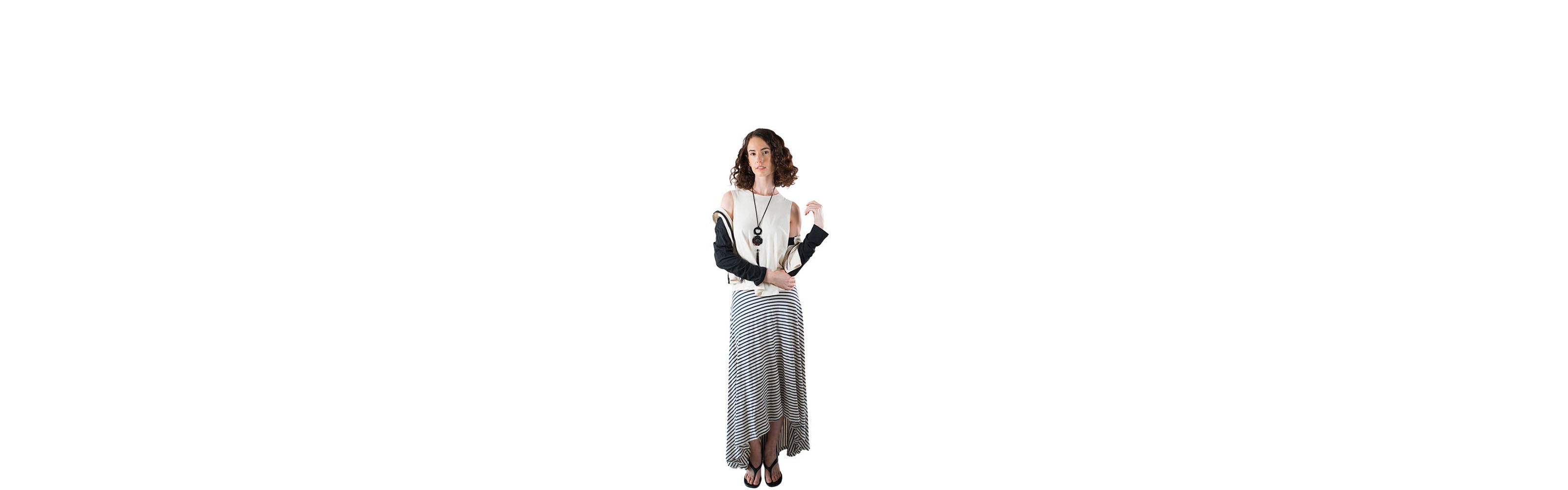 hemp category image, model wearing hemp/cotton skirt, top, jacket