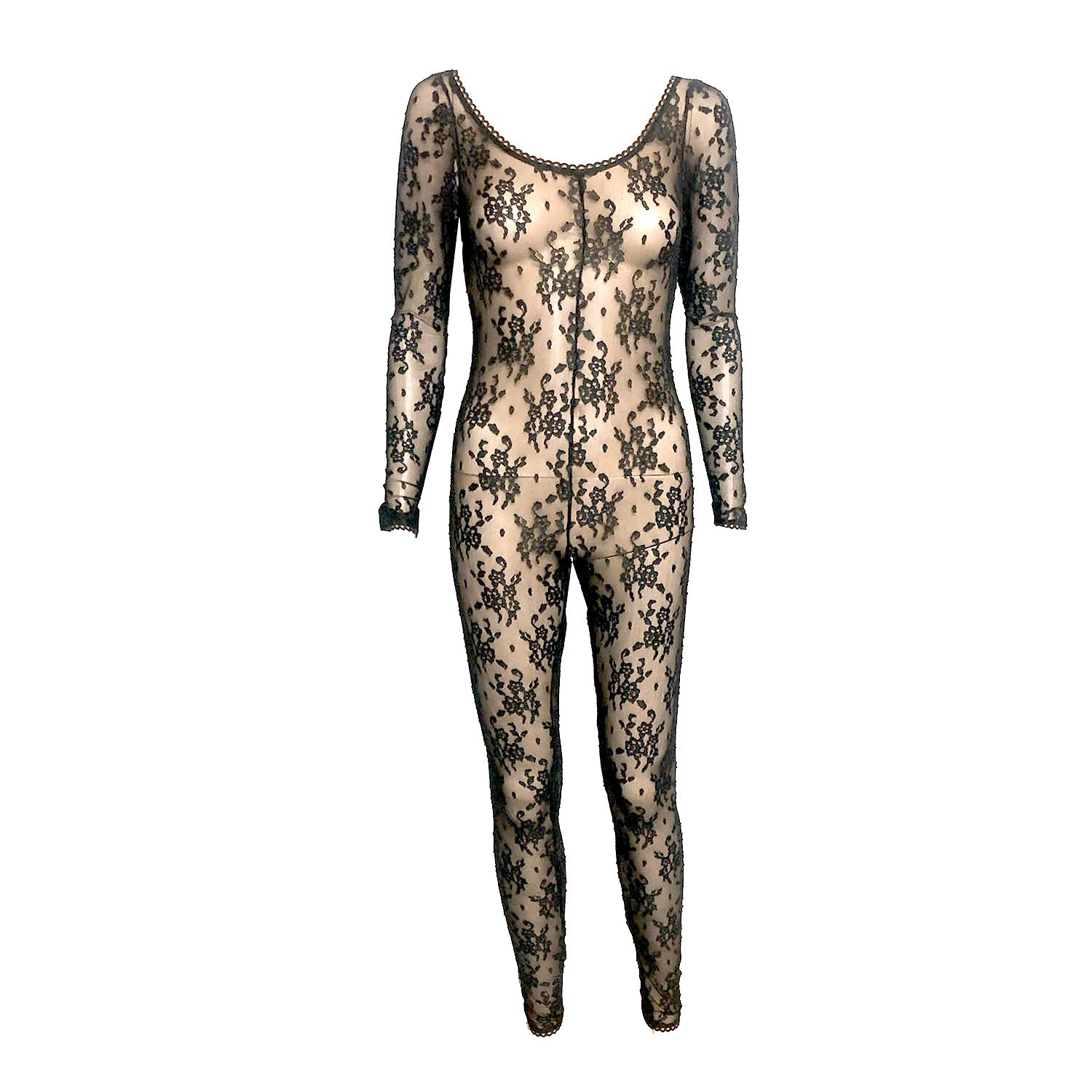 Ashley Catsuit – A long sleeve, sheer stretch lace catsuit with wide neckline, sustainably made from deadstock fabric. Elegant, unlined, and limited edition.