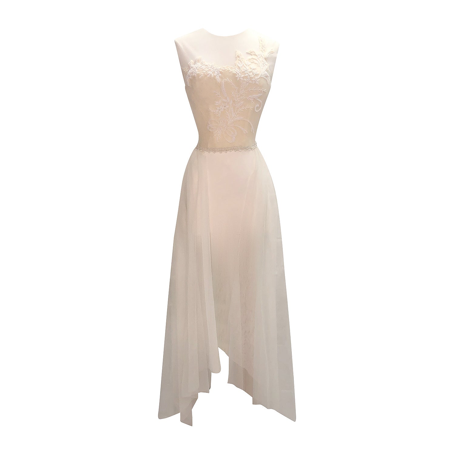 Ivory vintage beaded wool bustier with pearl waist detailing, illusion neckline, and English net bow train.