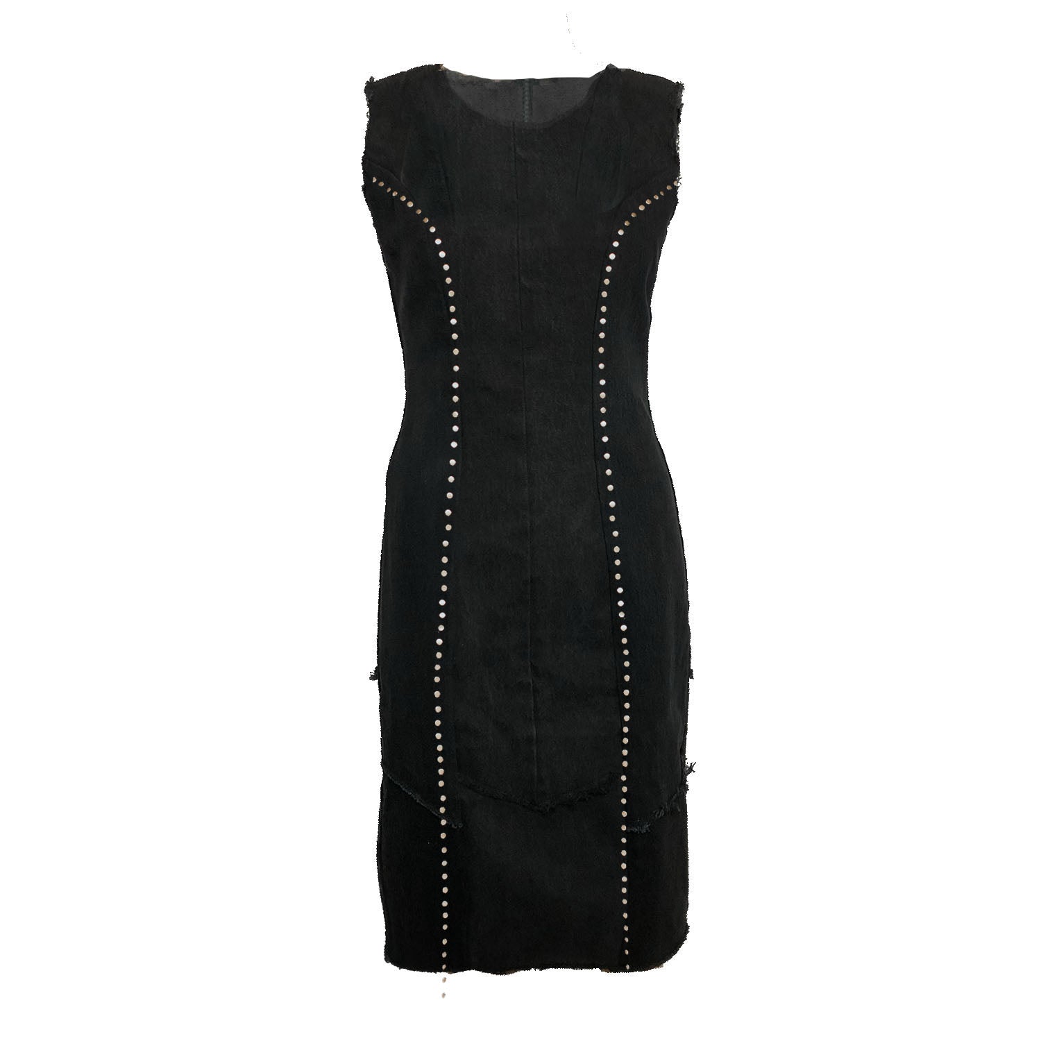 Blair Dress – fitted studded black denim dress with raw-edge hem, antique brass studs, and exposed metal zipper,