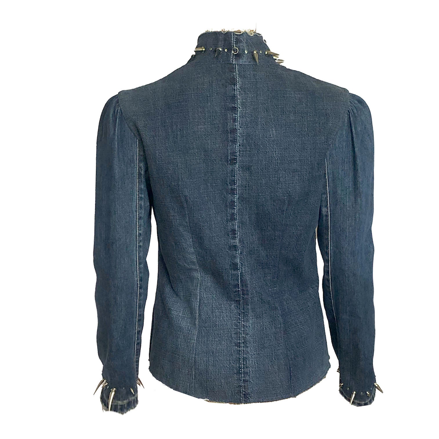 Elara jacket back t in upcycled blue denim with nickel spikes, fitted glam punk jacket by Deborah LindquistElara jacket