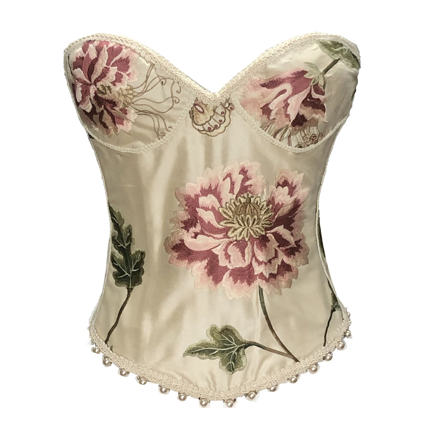 Flora Bustier – A one-of-a-kind 34B silk taffeta bustier with intricate embroidery and hand beading,