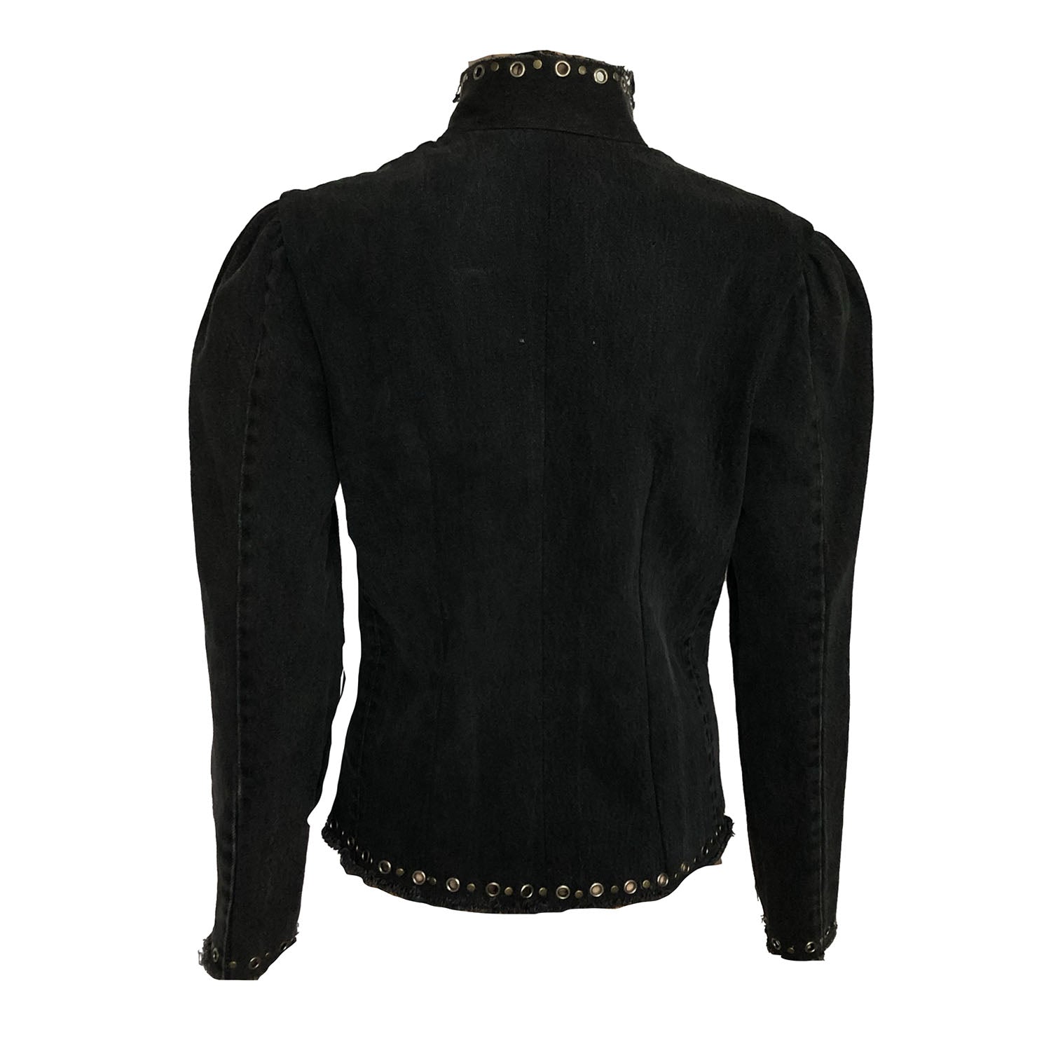 back-Galena Jacket in studded black denim with mandarin collar and hook closure