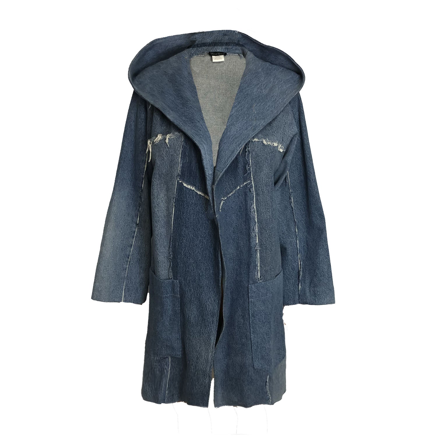 Oversized hooded coat in medium blue upcycled denim with raw-edged detail and knee-length silhouette.