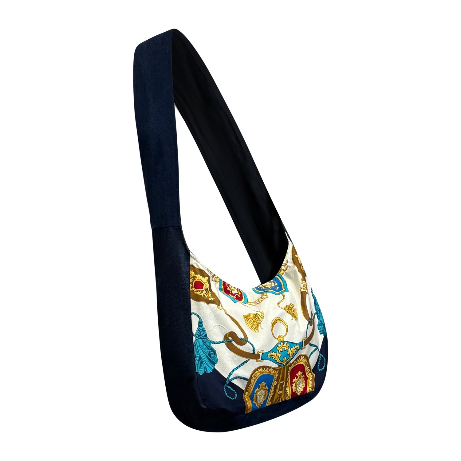 Mini upcycled denim tote with vintage silk scarf panel in navy, gold, and red detailing, crossbody style