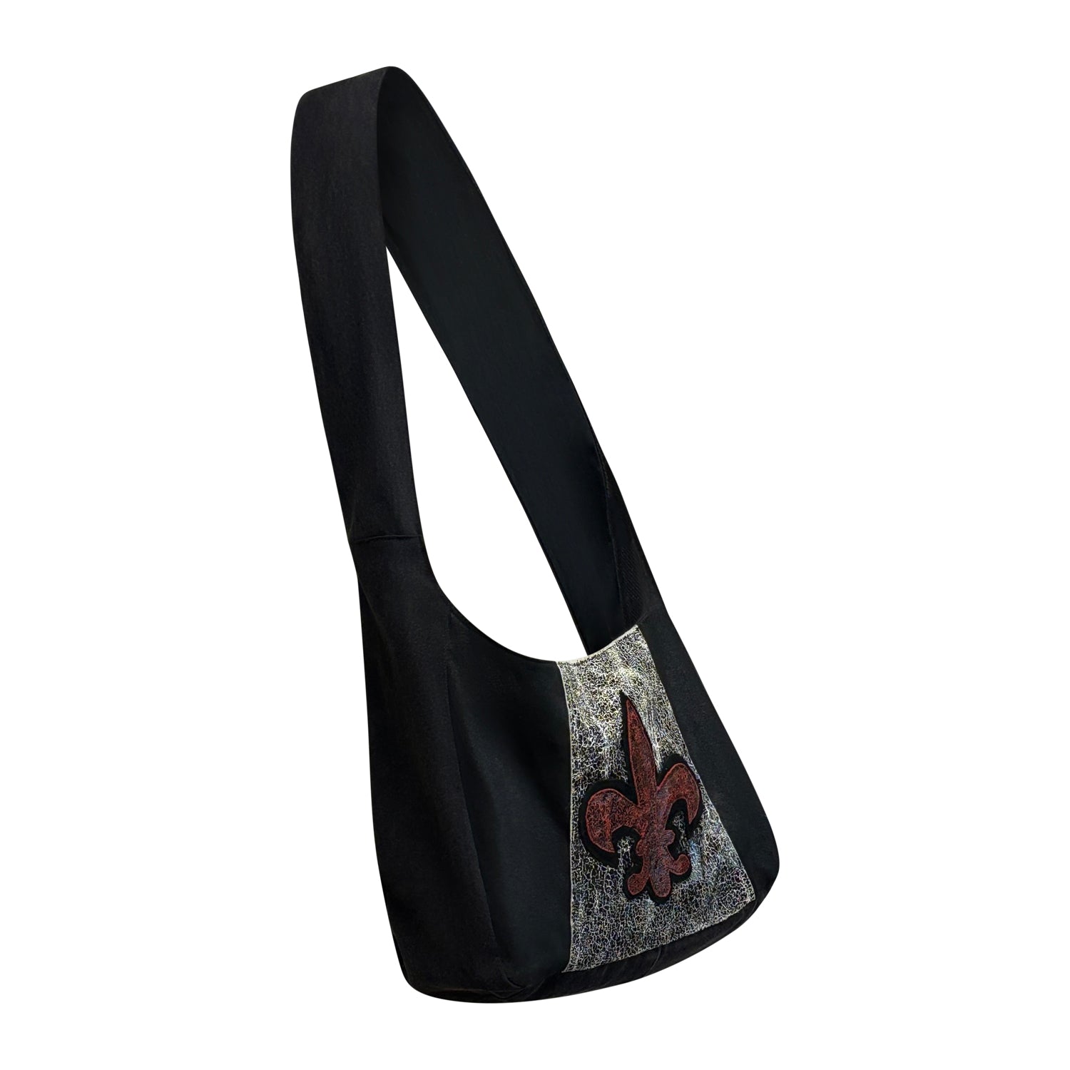 Small black denim crossbody tote with distressed leather panel, fleur de-Lis applique – upcycled rock-glam bag.