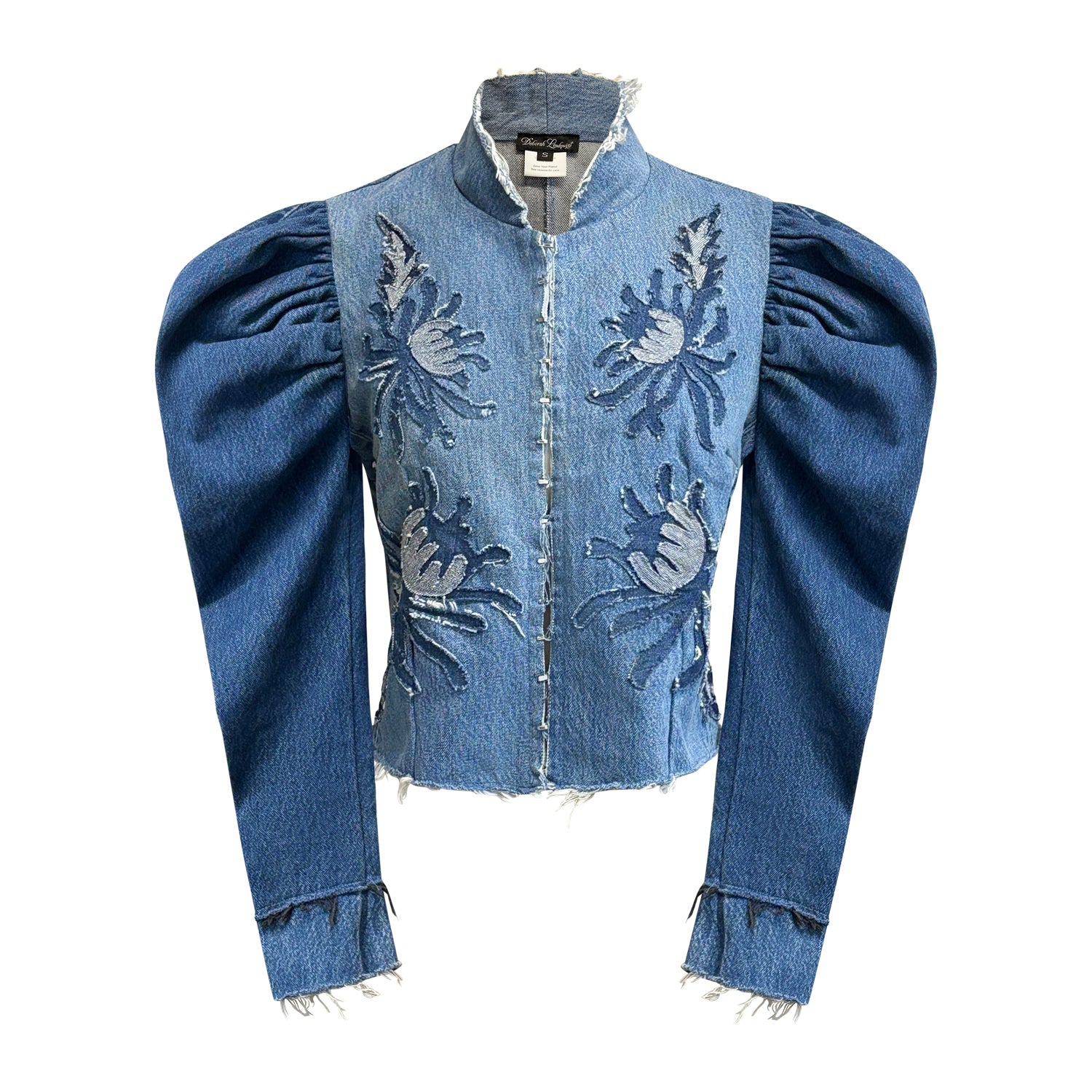 Emma Jacket in blue denim with chrysanthemum appliqué and puff sleeves