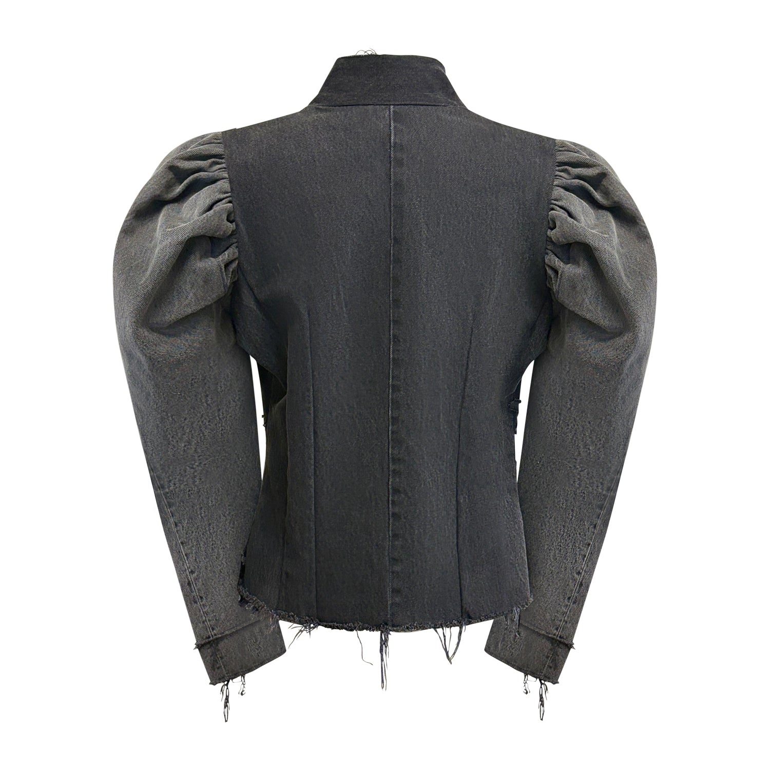 Emma Jacke back in distressed black denim with tonal chrysanthemum appliqué and Victorian puff sleeves