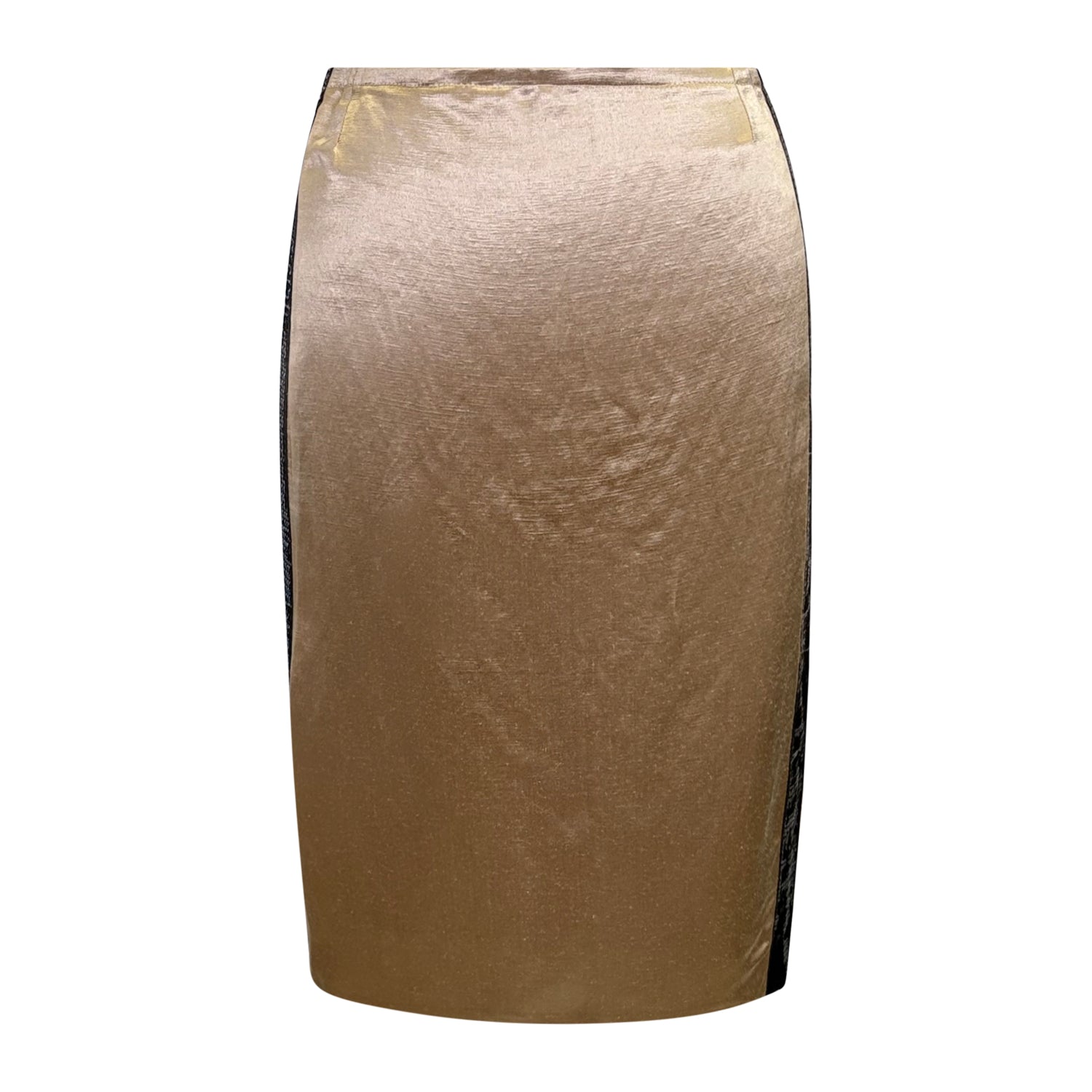 Simone pencil skirt in champagne hemp/silk with black sequin racing stripe, knee-length silhouette.