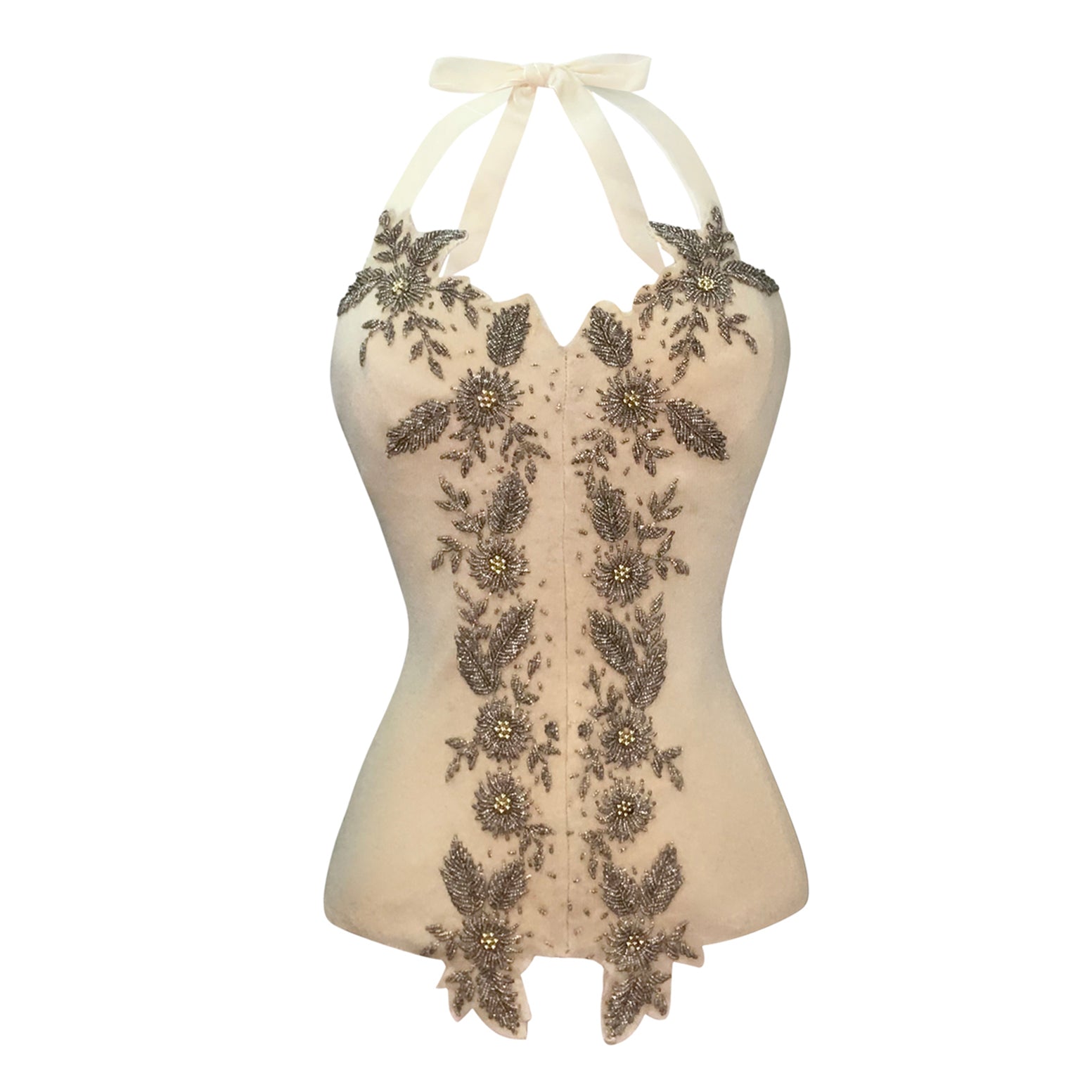 Vintage beaded wool bustier in soft yellow and antique gold with illusion neckline and velvet halter tie by Deborah Lindquist.