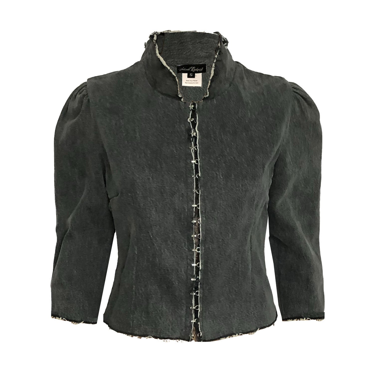 Distressed Black Joni Jacket: Fitted cropped jacket in distressed black denim with feminine ¾ sleeves and raw finishes.