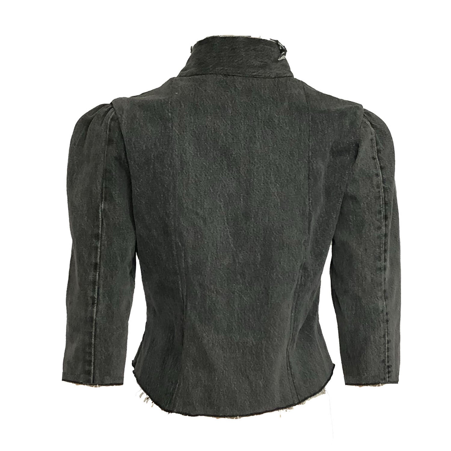Distressed Black Joni Jacket: Fitted cropped jacket in distressed black denim with feminine ¾ sleeves and raw finishes.