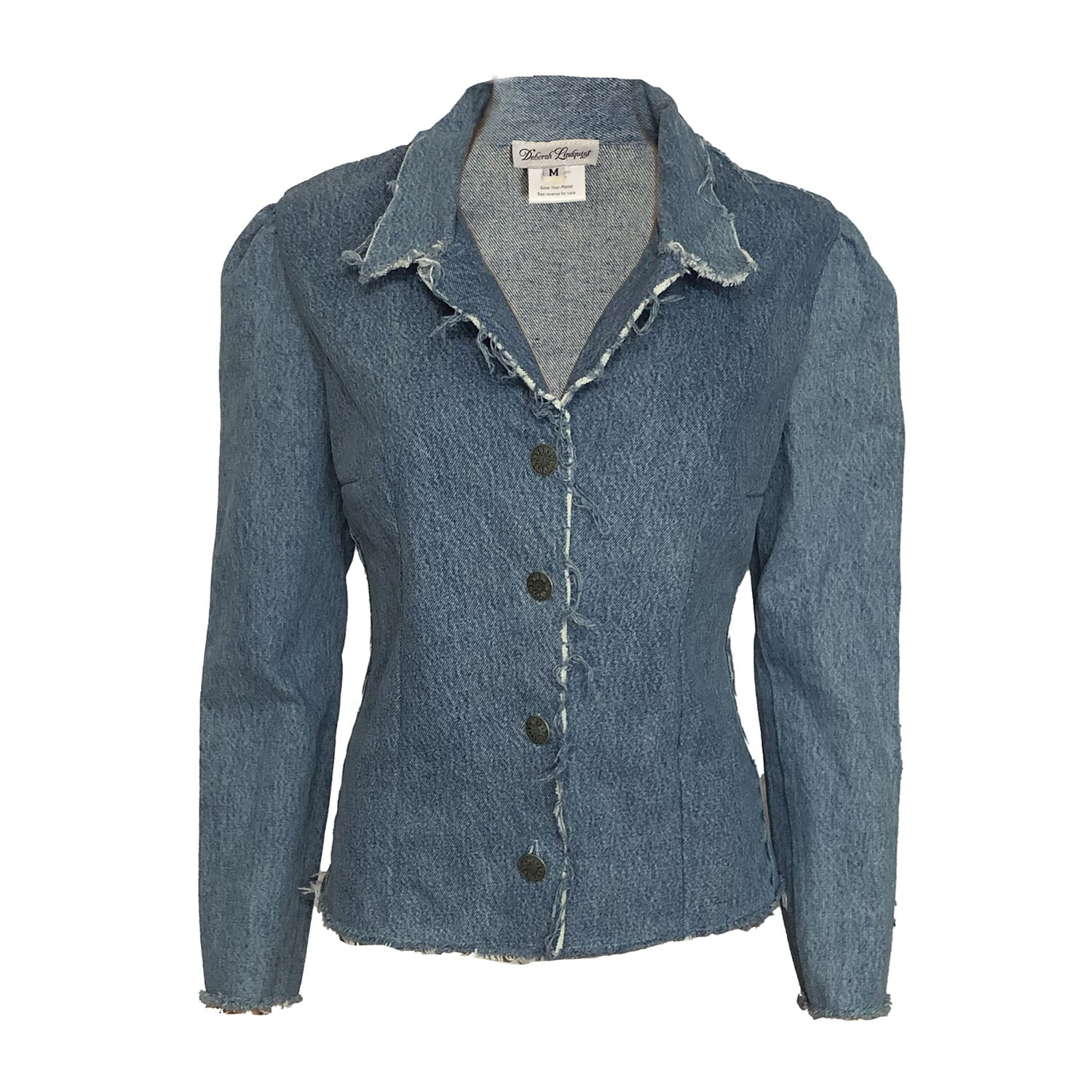 Front view of the Kelly Jacket – a fitted, long-sleeve denim jacket with raw edges, notched collar, and button-front closure, made from upcycled cotton denim.