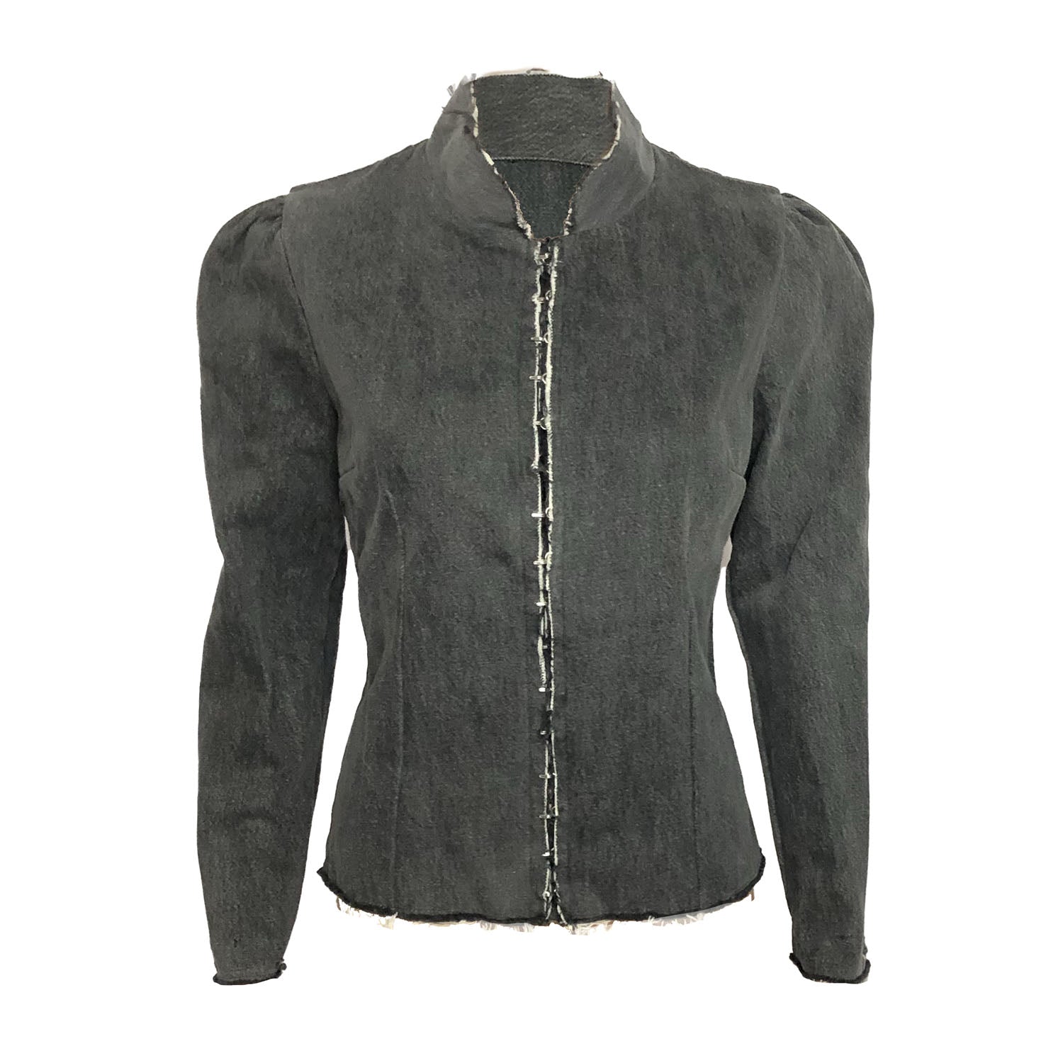 Distressed black denim jacket with feminine gathered sleeves, raw edge seams, and front hook closure.