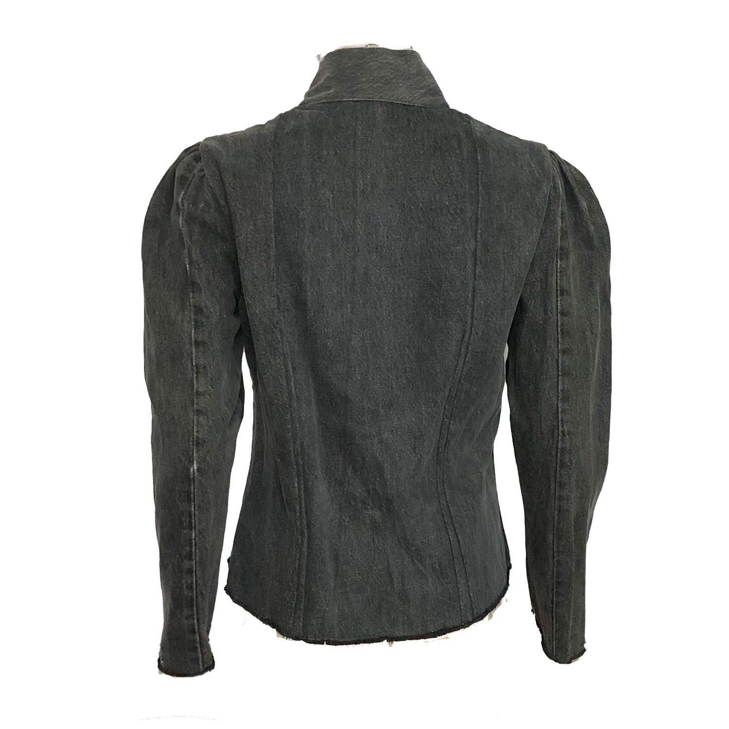 back Distressed black denim jacket with feminine gathered sleeves, raw edge seams, and front hook closure.