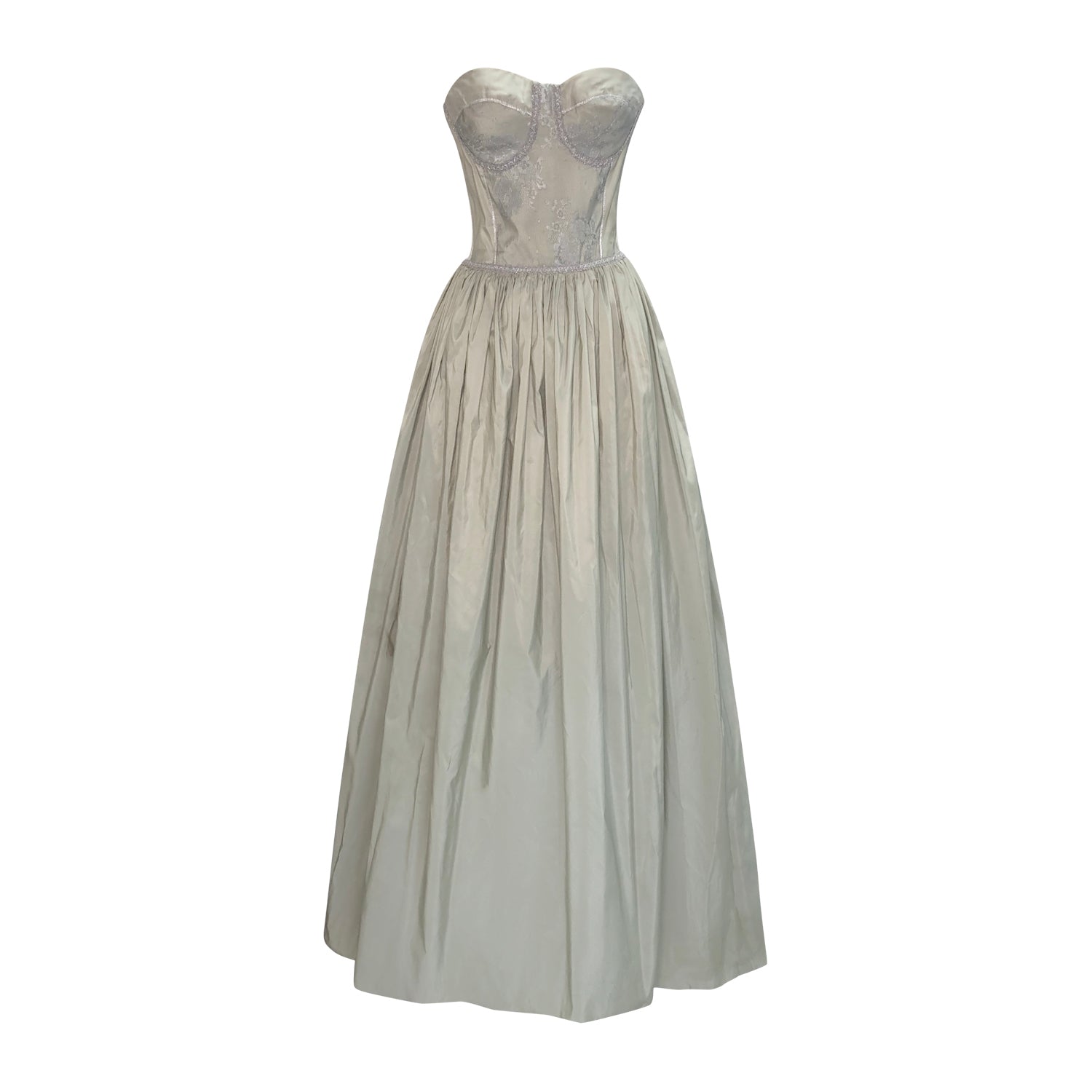 Pewter silk ballgown with metallic vintage lace bustier bodice