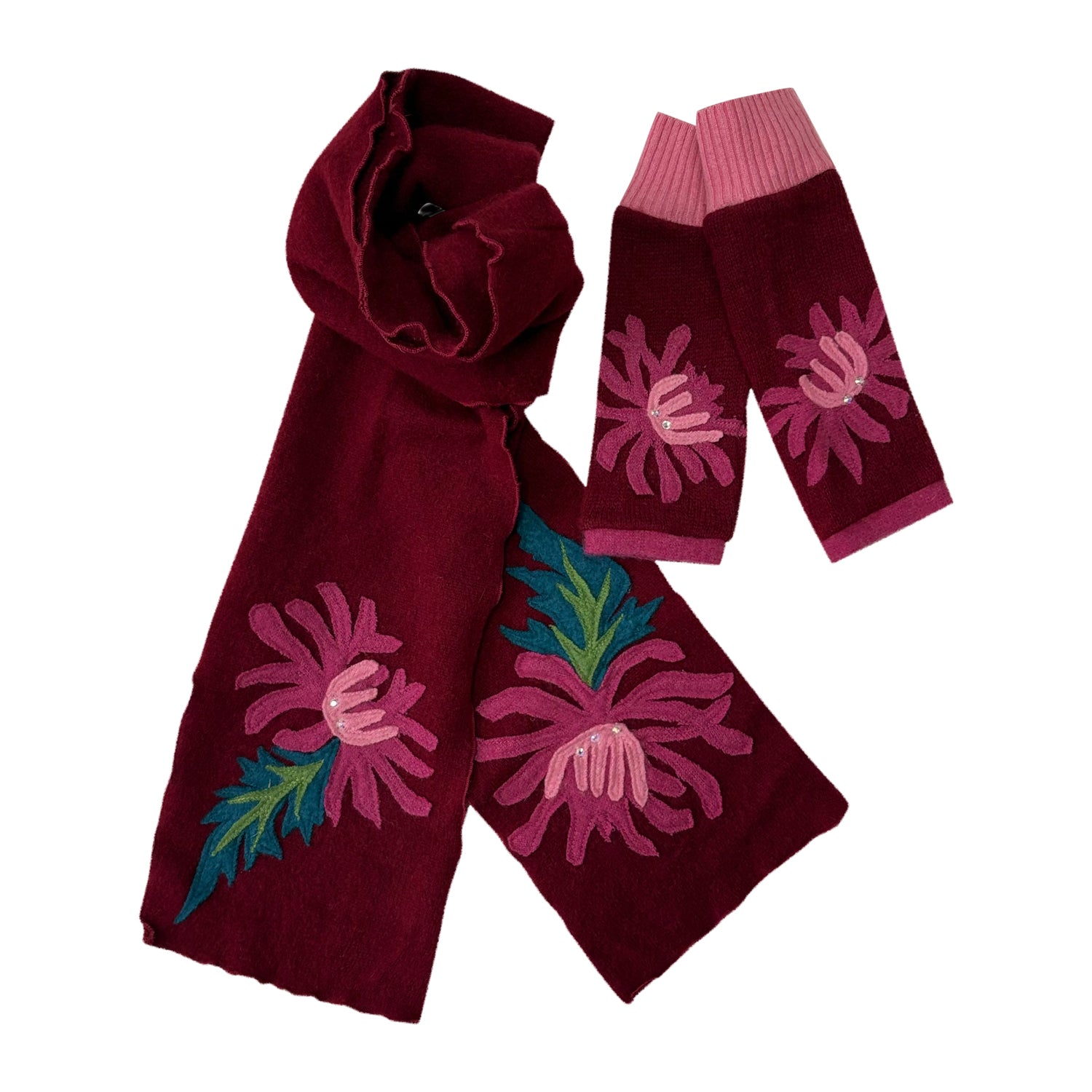 Claret cashmere scarf and fingerless gloves set with pink chrysanthemum appliqués and green leaves. Handmade from upcycled materials.