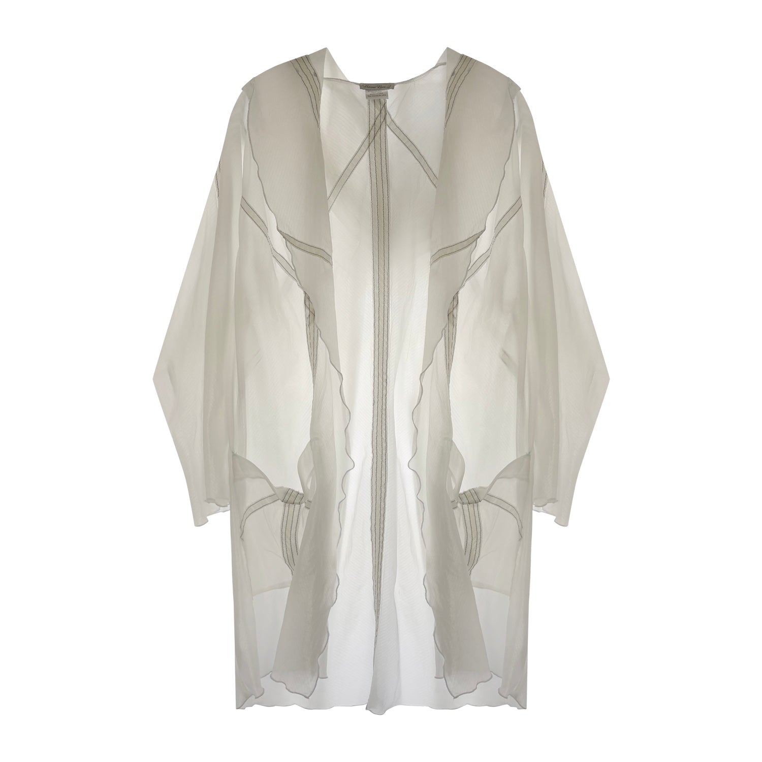 Sheer hooded knee-length parachute coat with pockets, unlined design, and visible seamlines from original upcycled nylon.