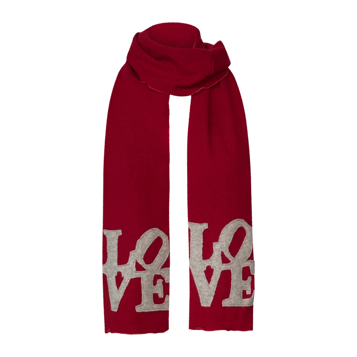 Red reincarnated cashmere scarf with bold silver LOVE appliqué on each end. Retro 1970s inspired. Handmade and one of a kind.