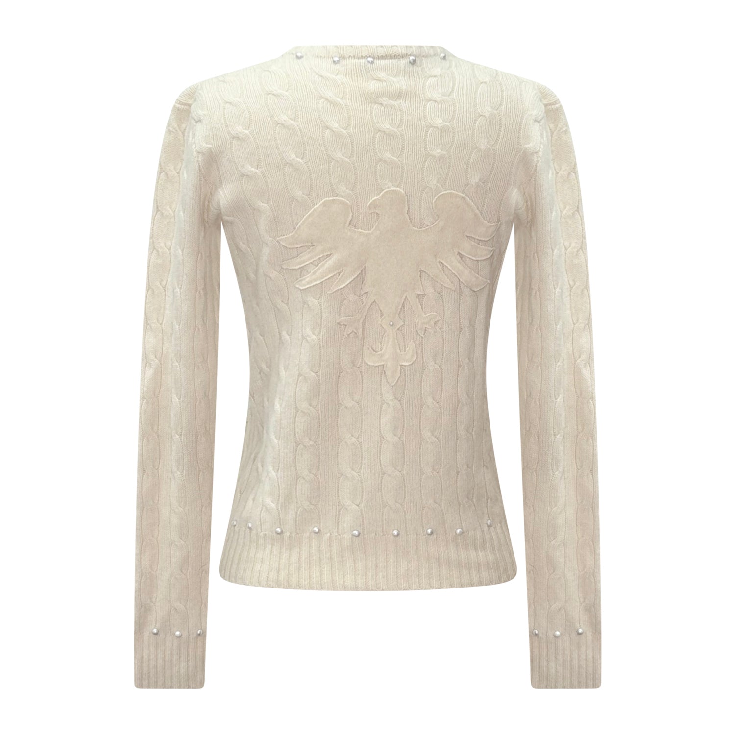 One-of-a-kind off-white ribbed knit cardigan with tonal eagle shield appliqué and pearl button details, from the eco-conscious reincarnated cashmere collection.