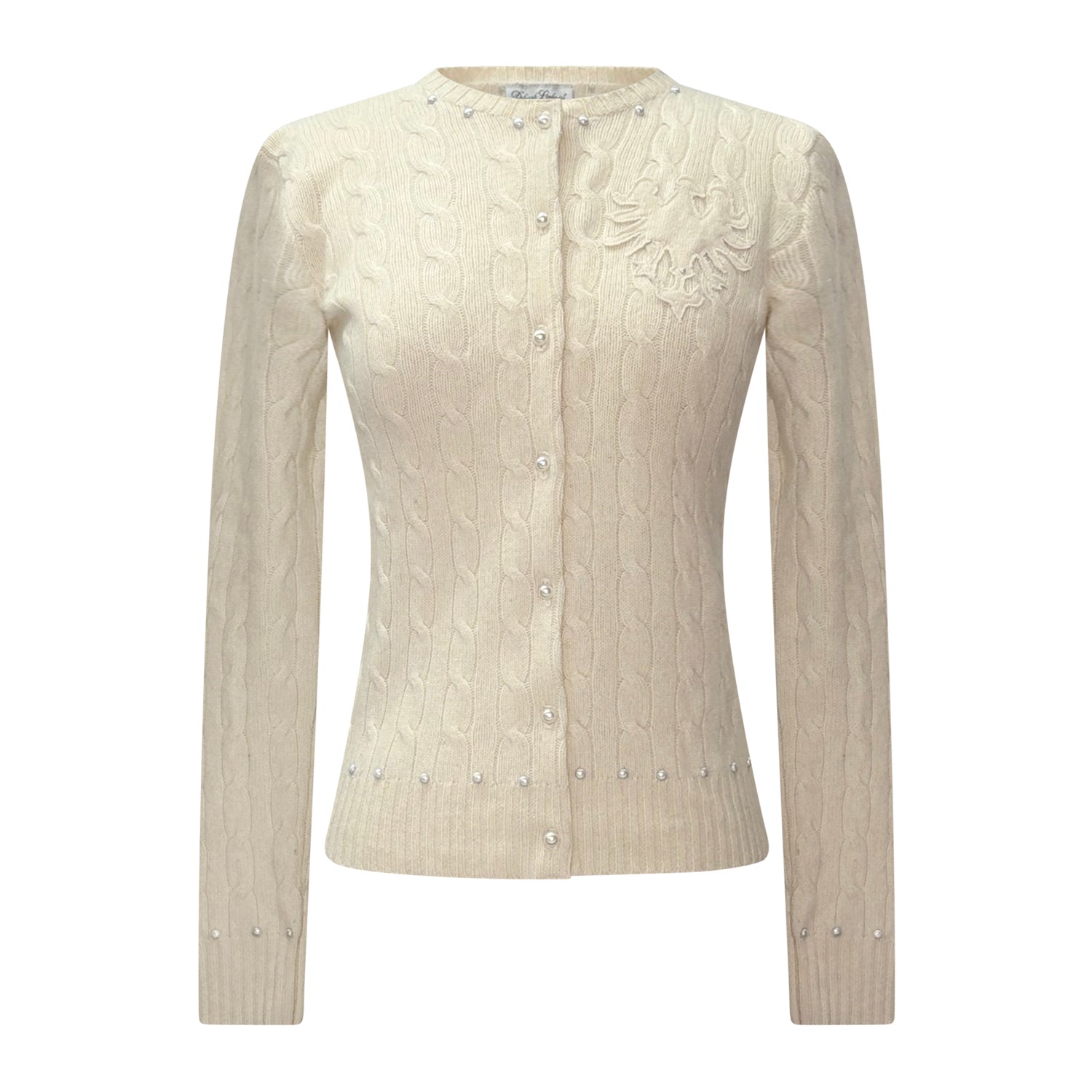 One-of-a-kind off-white ribbed knit cardigan with tonal eagle shield appliqué and pearl button details, from the eco-conscious reincarnated cashmere collection.