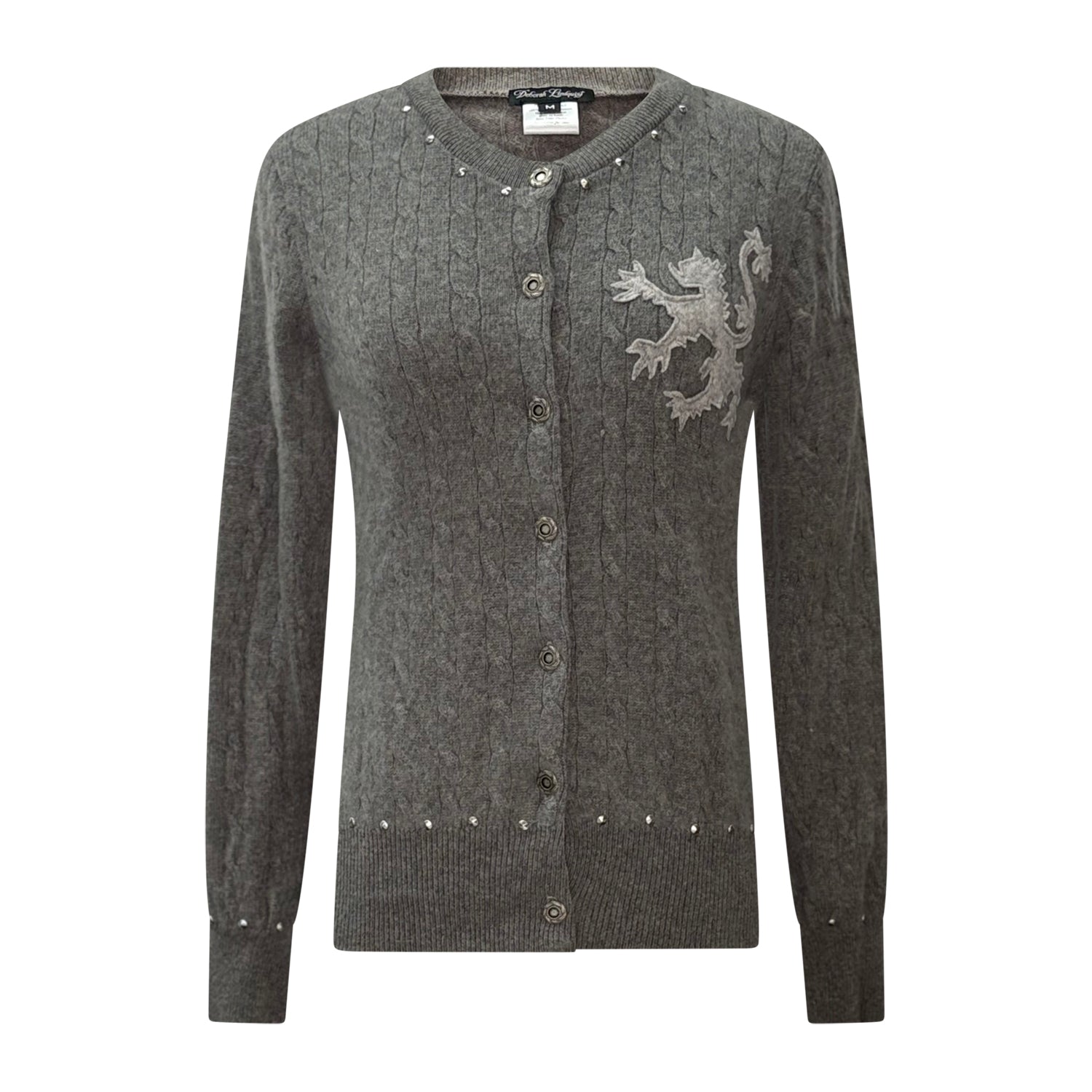 Grey ribbed reincarnated cashmere cardigan with tonal griffin appliqué and stud embellishments, one-of-a-kind sustainable design.