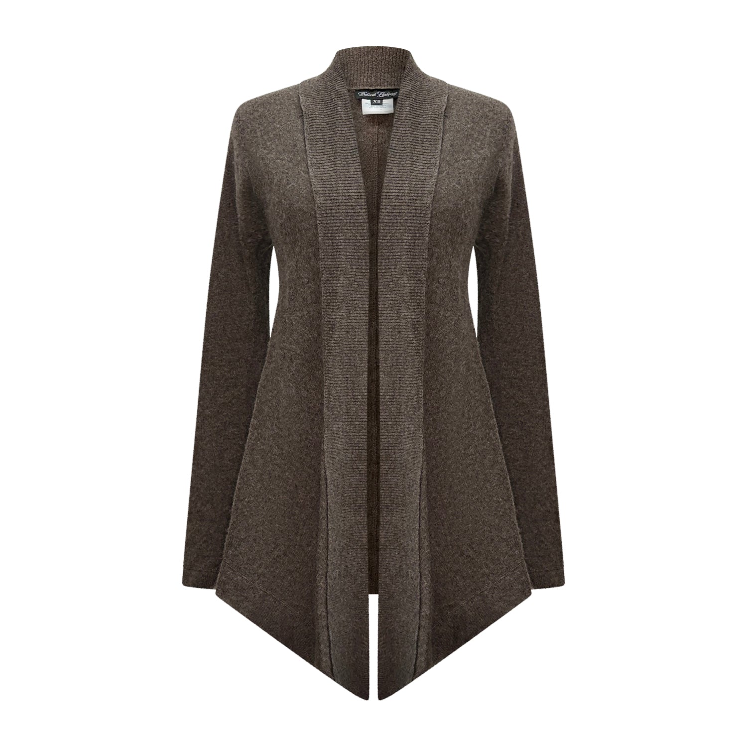 One-of-a-kind taupe cashmere wrap sweater with center-back fleur de lis appliqués. Handmade from upcycled cashmere. Size Small. Sustainable, elegant, and unique.