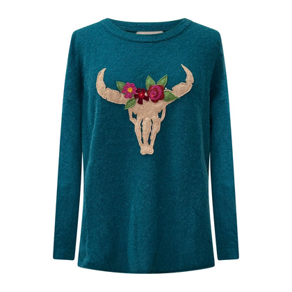Floral Steer Skull Pullover – Teal