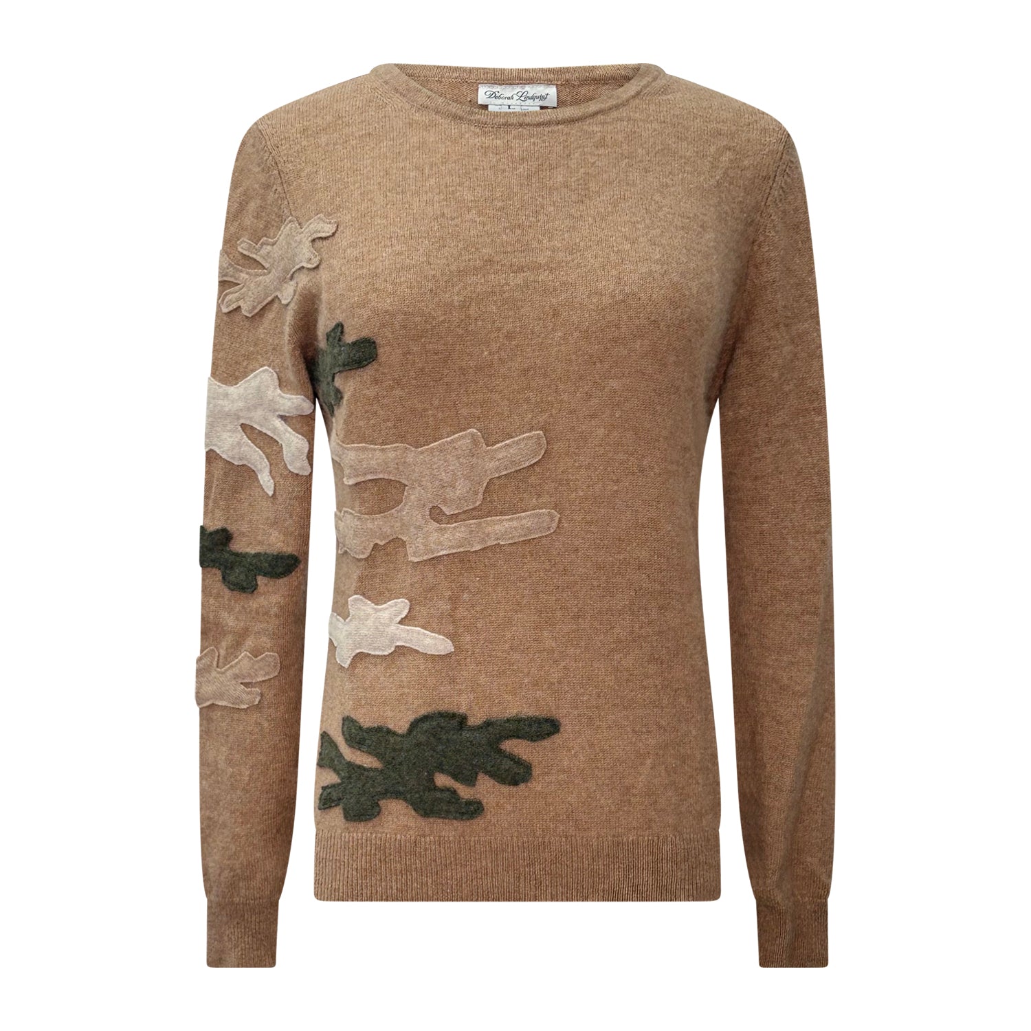 Tan reincarnated cashmere pullover with asymmetrical camouflage applique in earth tones.