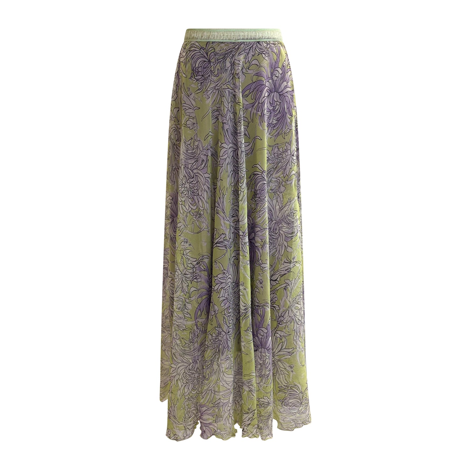 Chrysanthemum-print silk chiffon maxi skirt with elastic waistband, half-circle silhouette, and double-layered design in deadstock fabric.