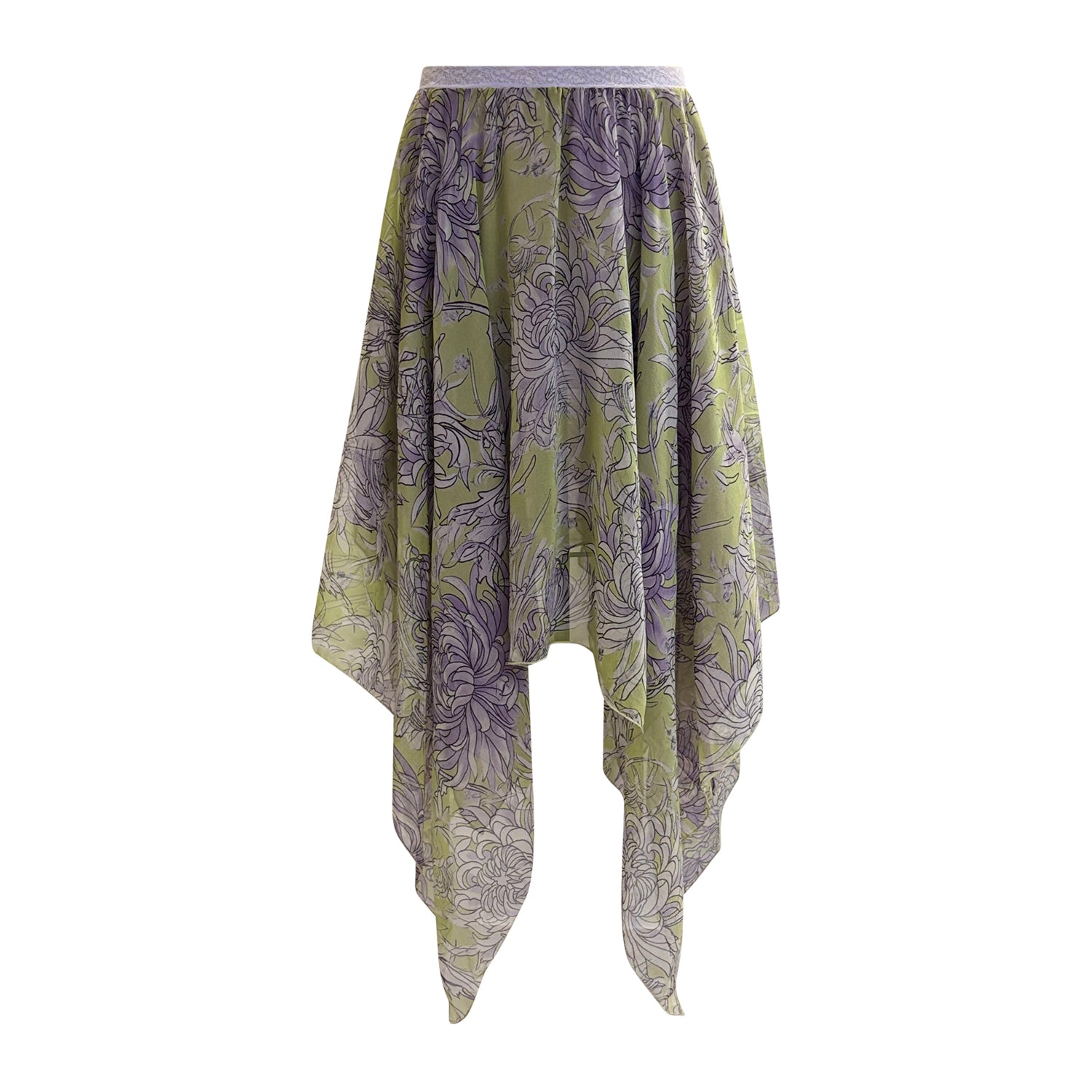 Chrysanthemum-print silk chiffon asymmetrical circle skirt with handkerchief hem and elastic waist, made from limited deadstock fabric.