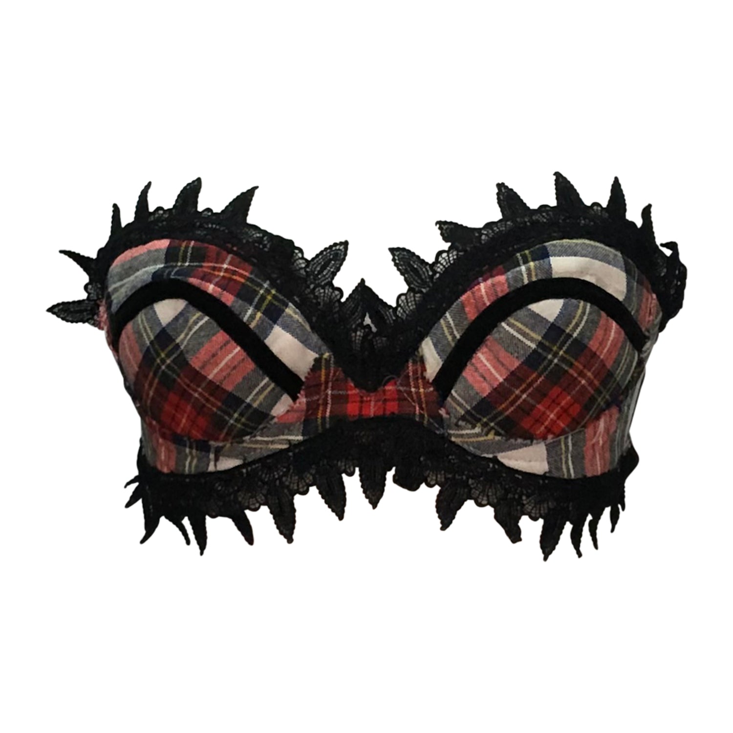 Plaid and black lace vintage bralette with strapless silhouette – one of a kind, size 34B