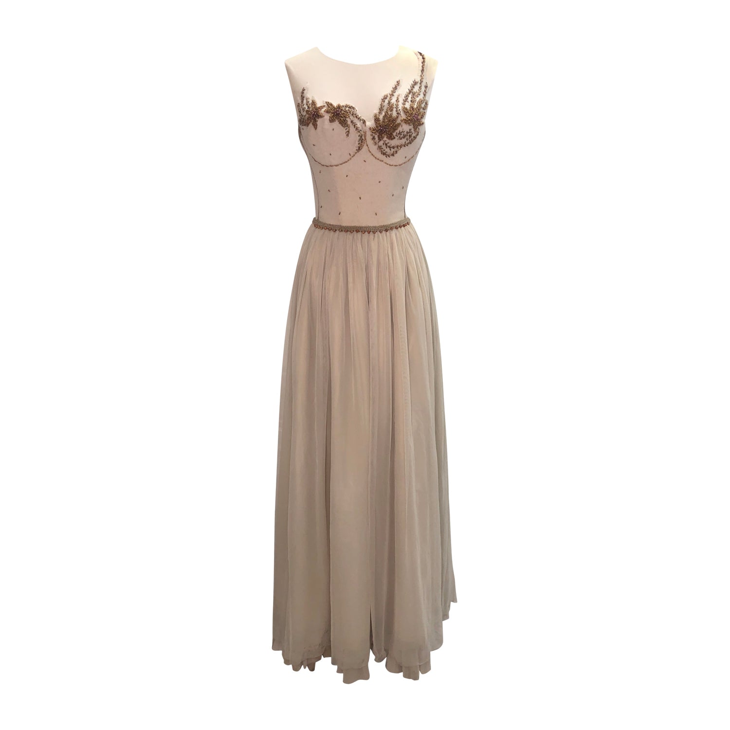 Elysia Gown – one-of-a-kind vintage beaded wool bodice with illusion neckline and bronze floral beadwork, featuring a flowing English net and silk chiffon skirt in soft beige