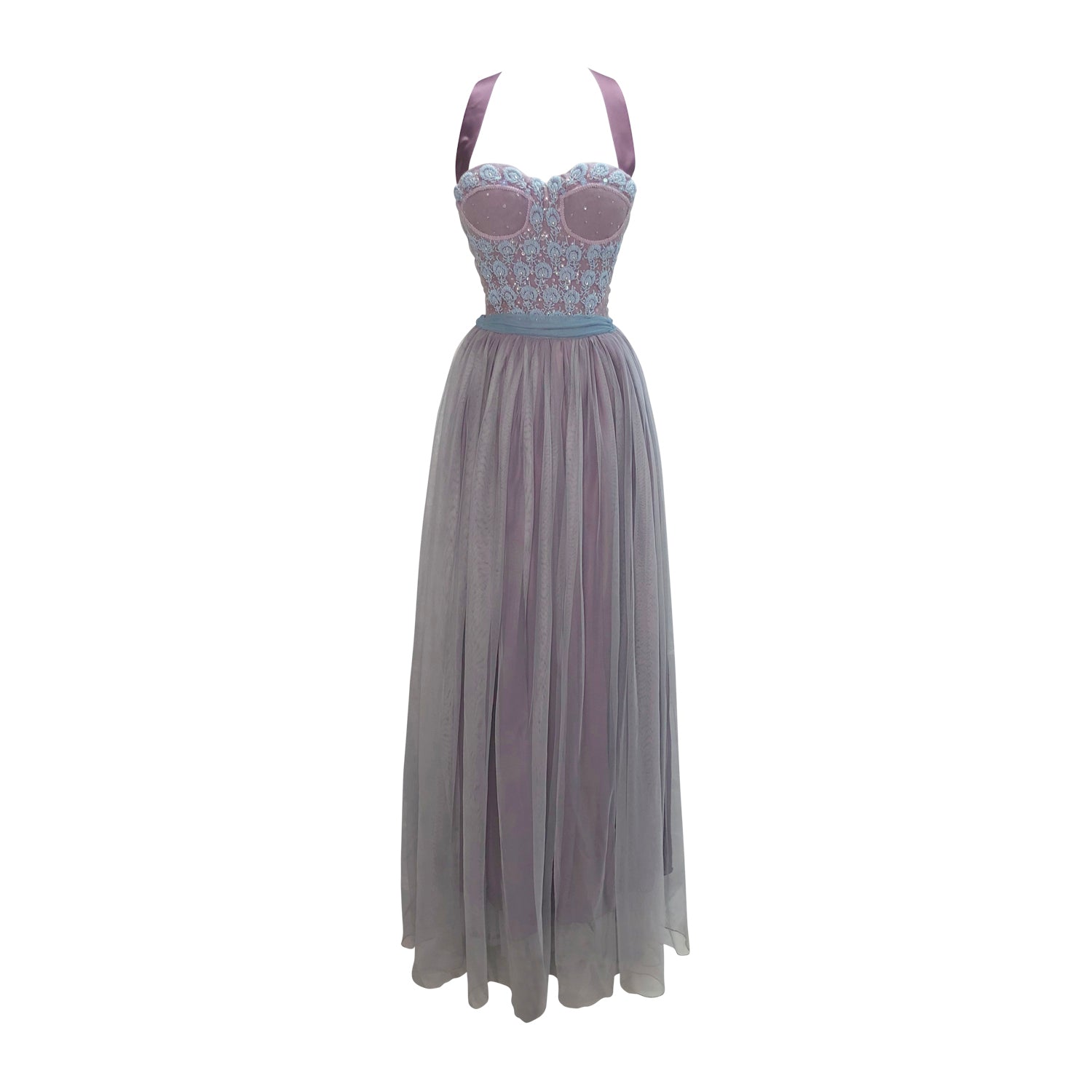 Ava Lavender Beaded Gown featuring a vintage beaded wool bodice, pale blue pearl accents, and a gathered English net skirt in a soft dusty mauve hue.