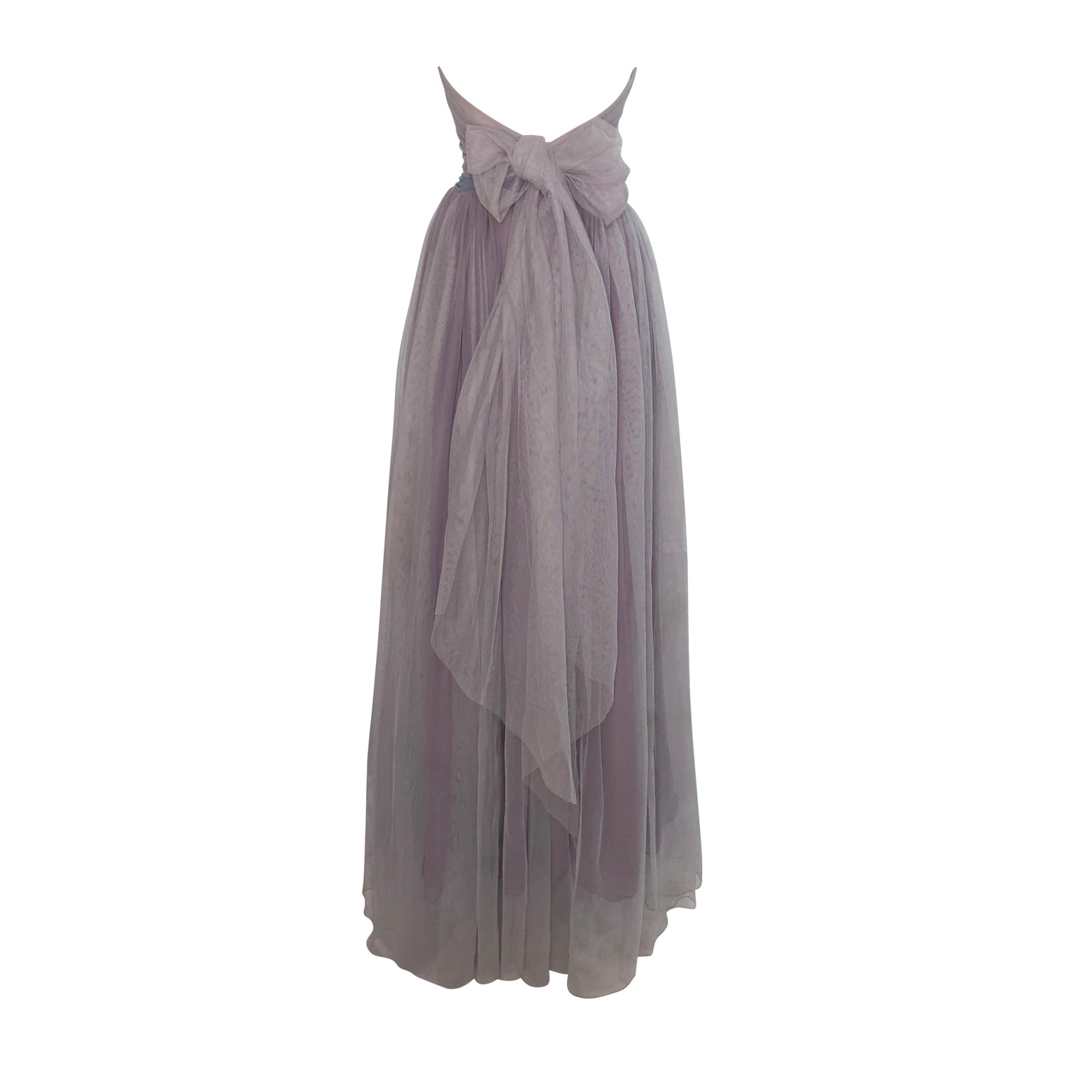 back Ava Lavender Beaded Gown featuring a vintage beaded wool bodice, pale blue pearl accents, and a gathered English net skirt in a soft dusty mauve hue.