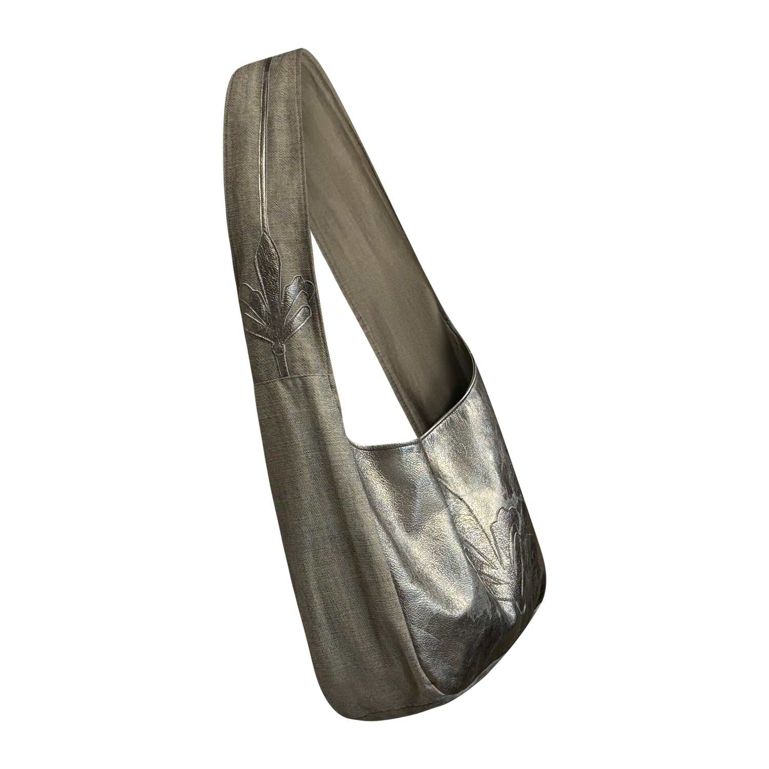 Metallic leather and denim fleur applique tote bag