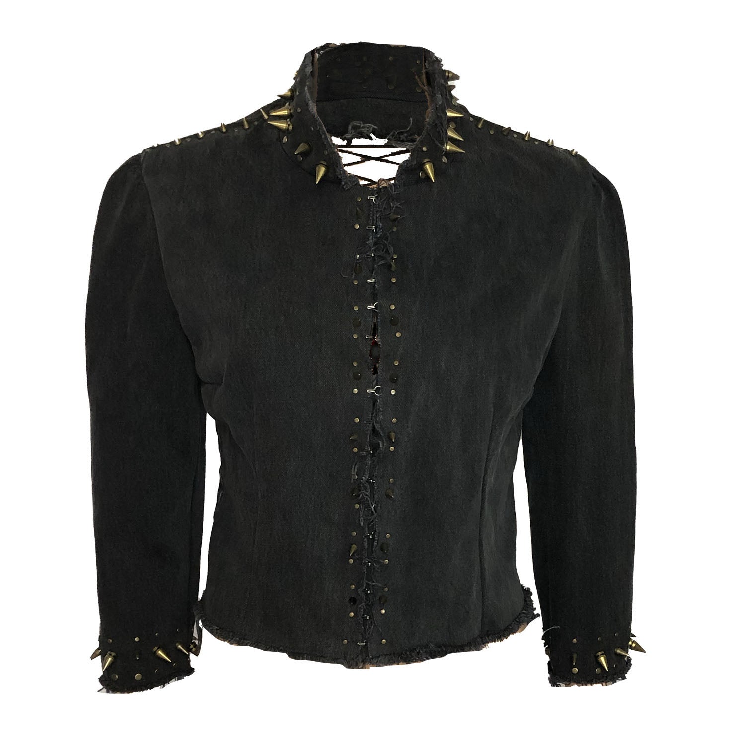 Suzi Jacket in distressed black denim with brass spikes and corset back, glam punk design by Deborah Lindquist