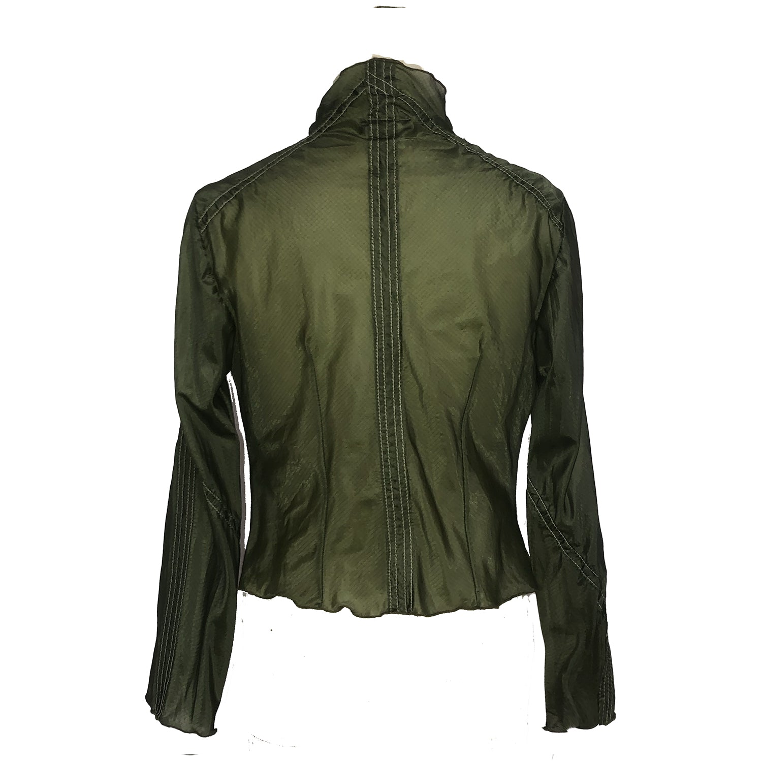 Lightweight olive green parachute jacket with long sleeves and a softly draped, flutter-style front. back.