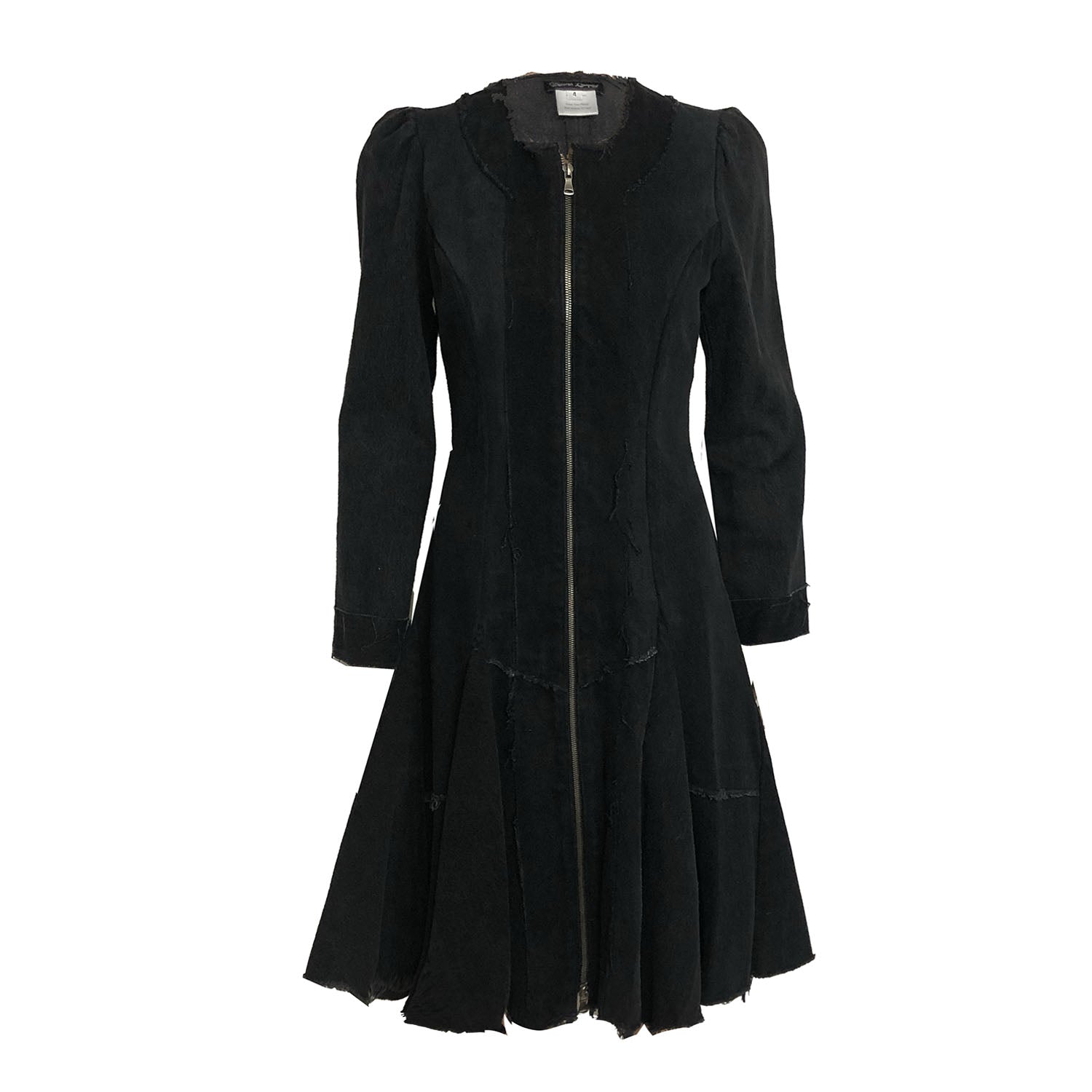 Front view of the Zelda Coat in distressed black denim featuring a fit-and-flare silhouette with raw-edged detailing and a full-length zipper closure.