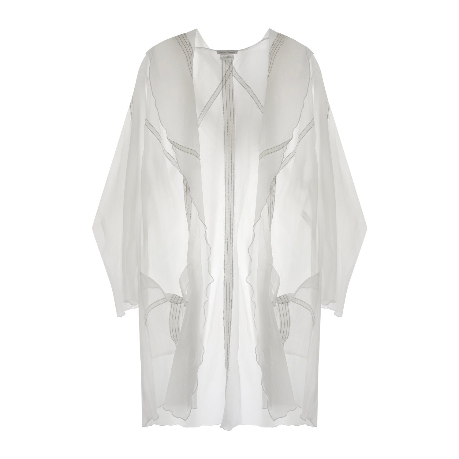 Sheer hooded knee-length parachute coat with pockets, unlined design, and visible seamlines from original upcycled nylon.