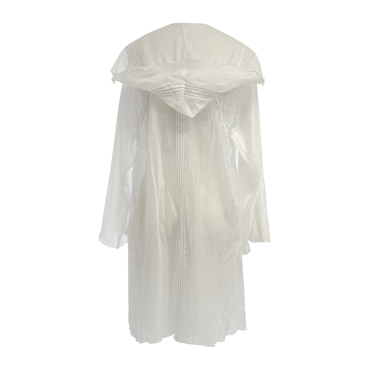 Sheer hooded knee-length parachute coat with pockets, unlined design, and visible seamlines from original upcycled nylon.