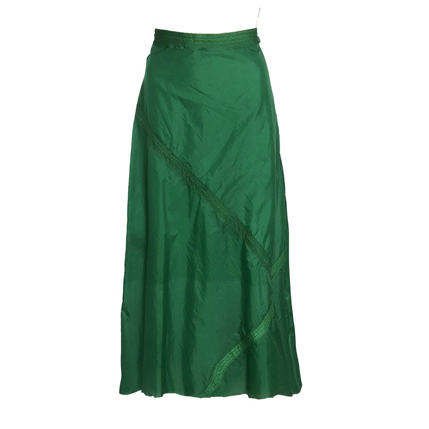 “Harriet Parachute Skirt in one-of-a-kind forest green, bias-cut A-line silhouette made from upcycled nylon with subtle original seamlines”