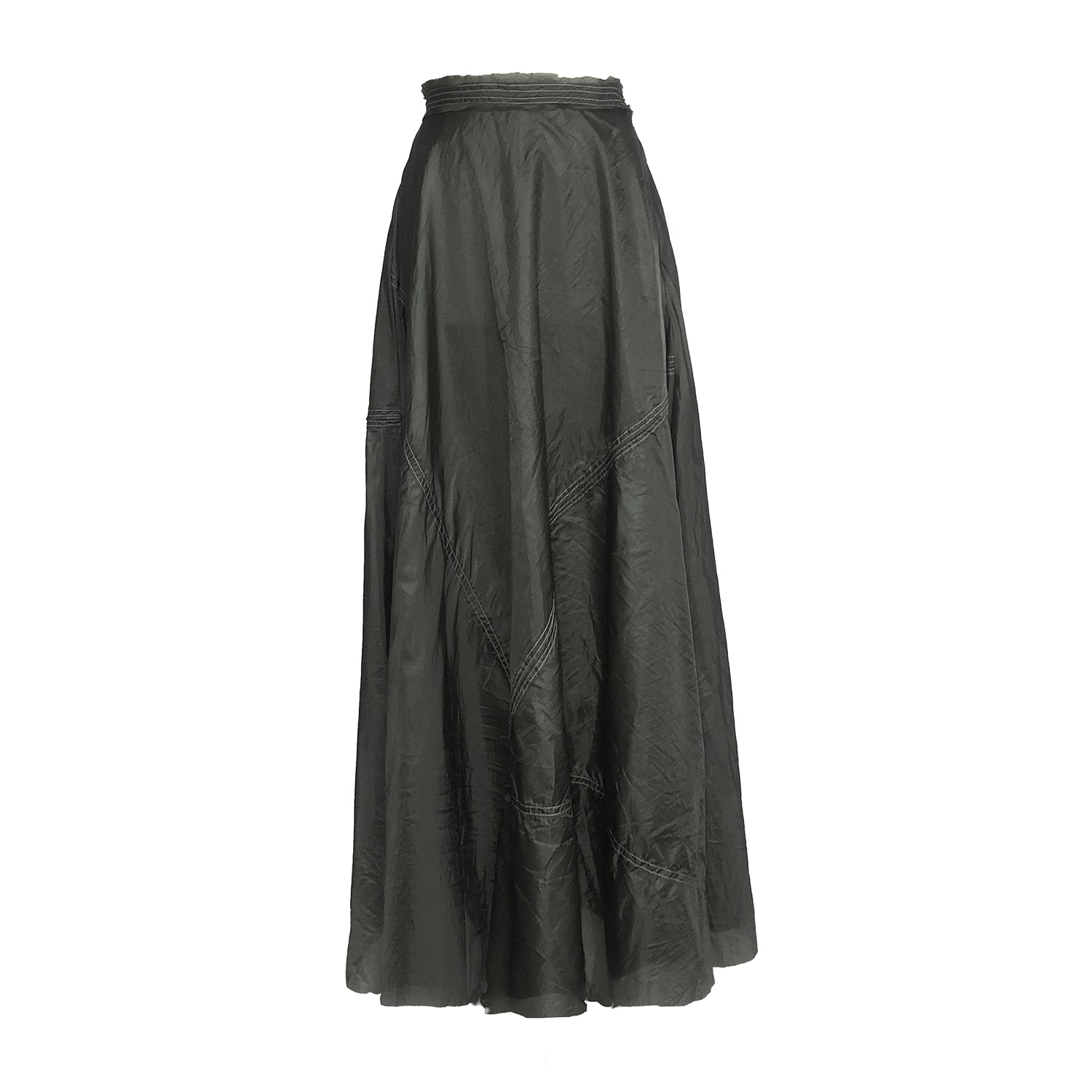 Steel grey full-length parachute skirt with a half-circle silhouette and tonal seamlines; crafted from upcycled military nylon for lightweight movement.