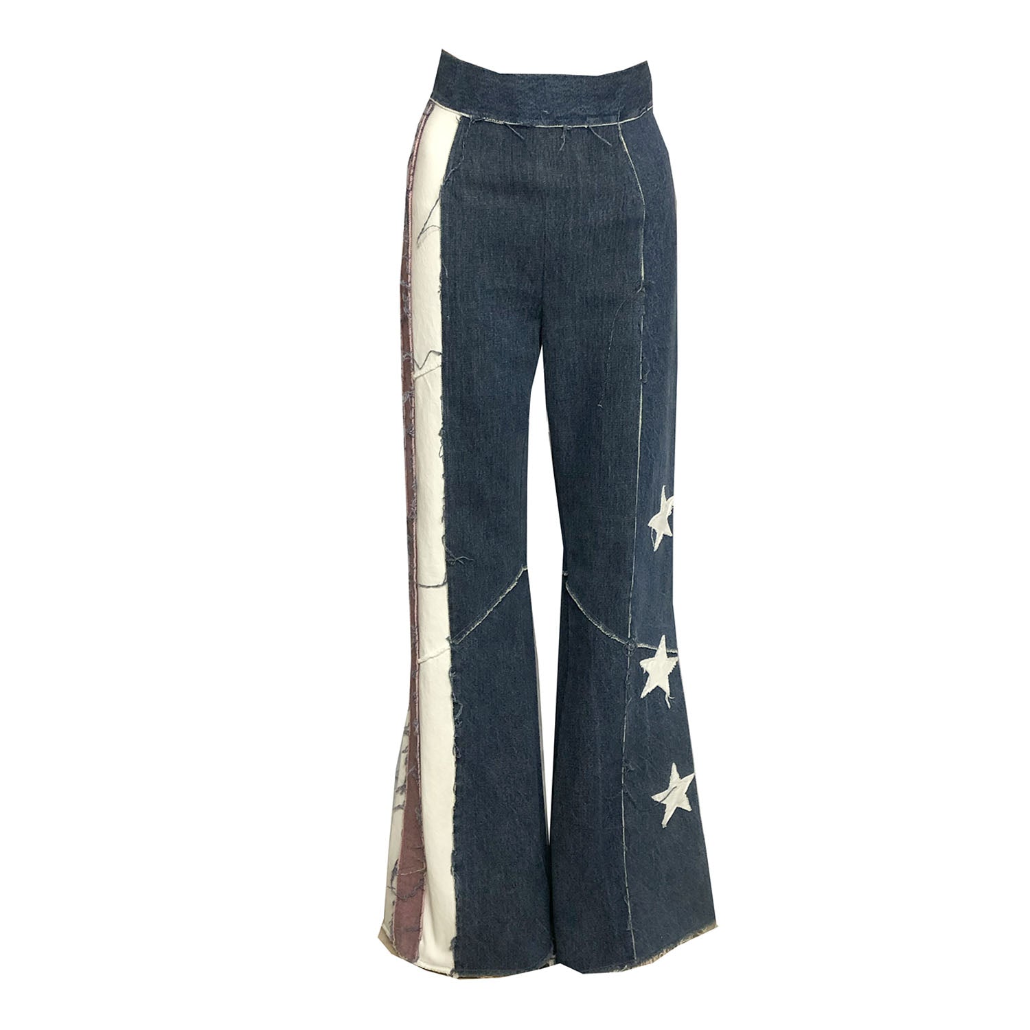 High-waisted flared denim jeans with appliqué stars and stripes, crafted from upcycled denim
