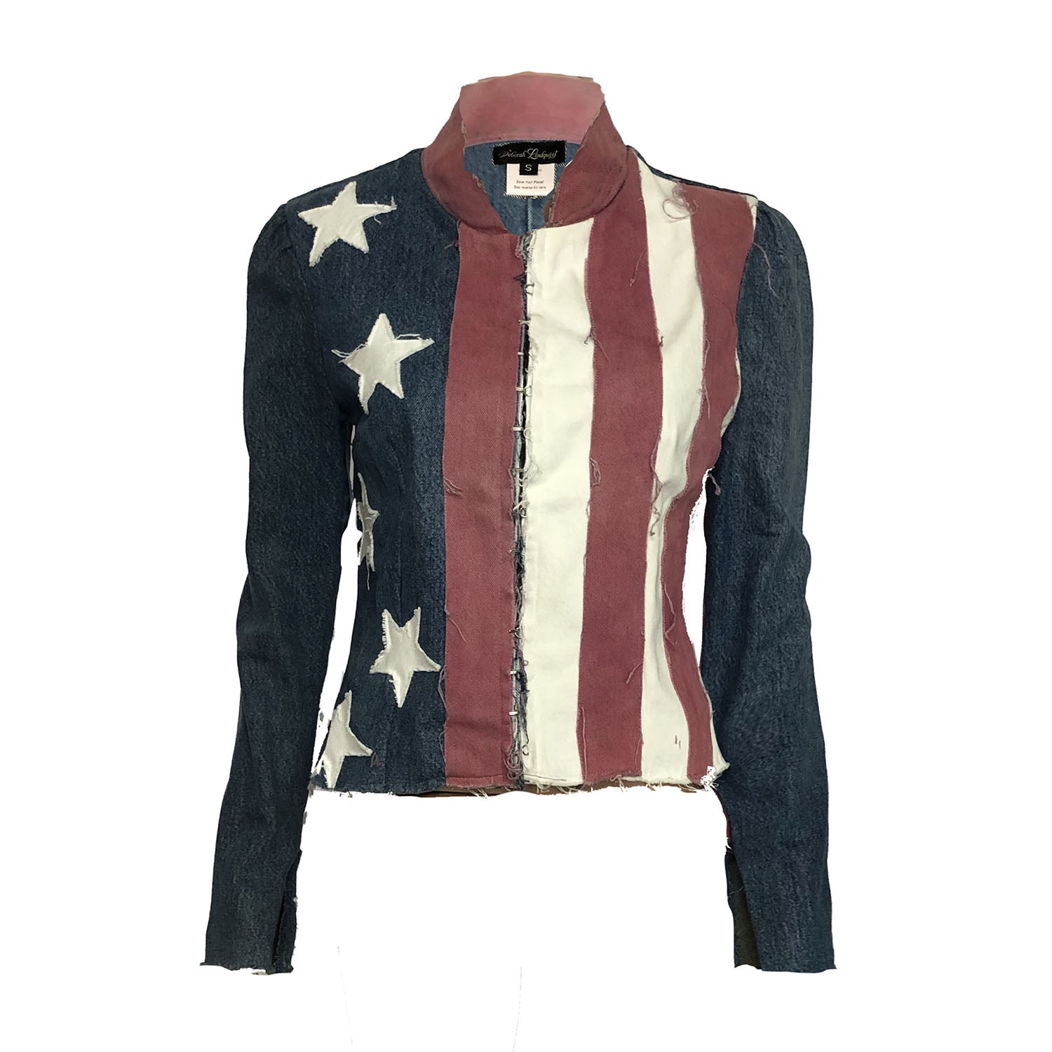 Fitted denim jacket with a mandarin collar, long sleeves, and raw-edge detailing, featuring upcycled applique American flag stars and stripes.