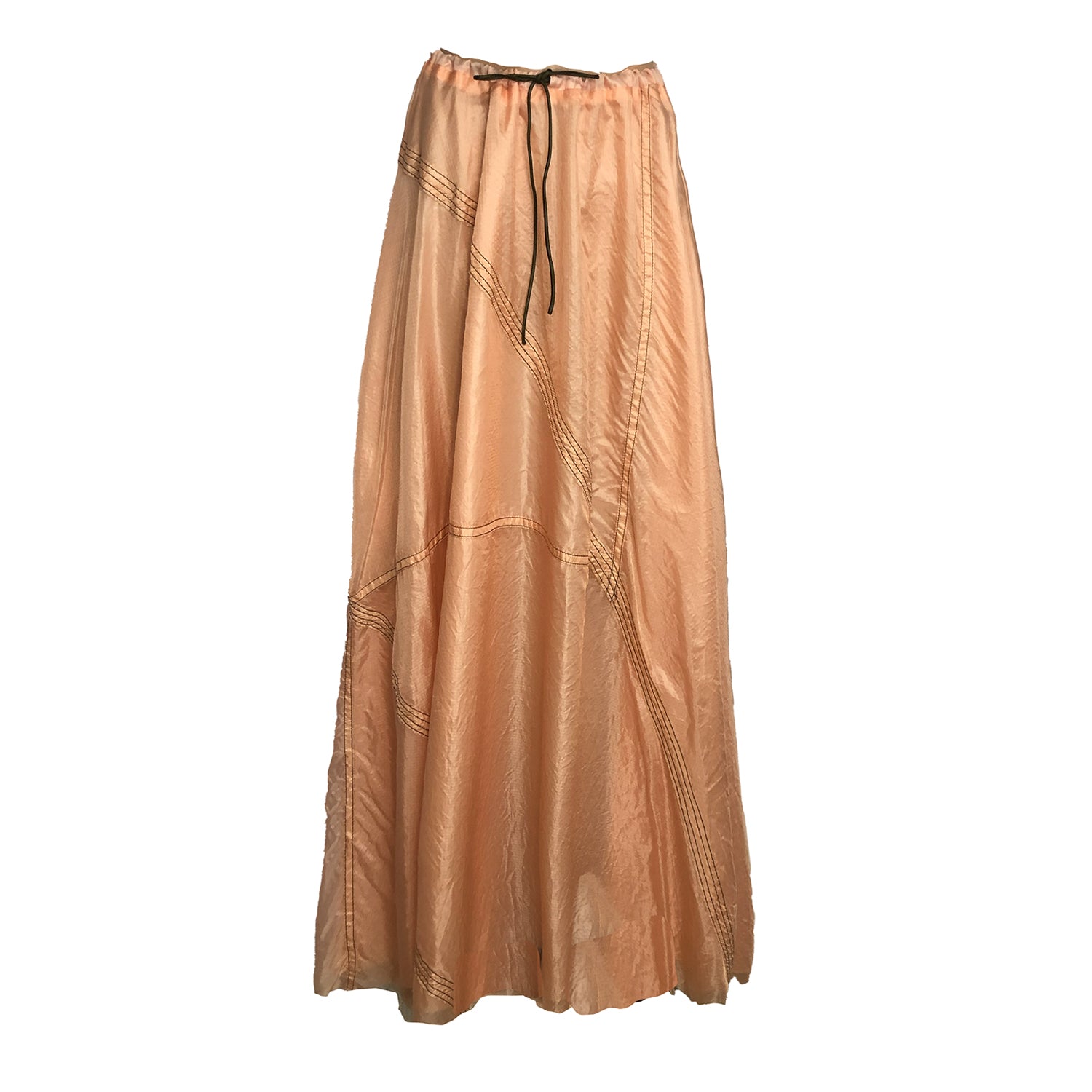 “Peach Amy Parachute Skirt, half-circle drawstring skirt in hand-dyed peach tone, made from lightweight upcycled nylon parachute”