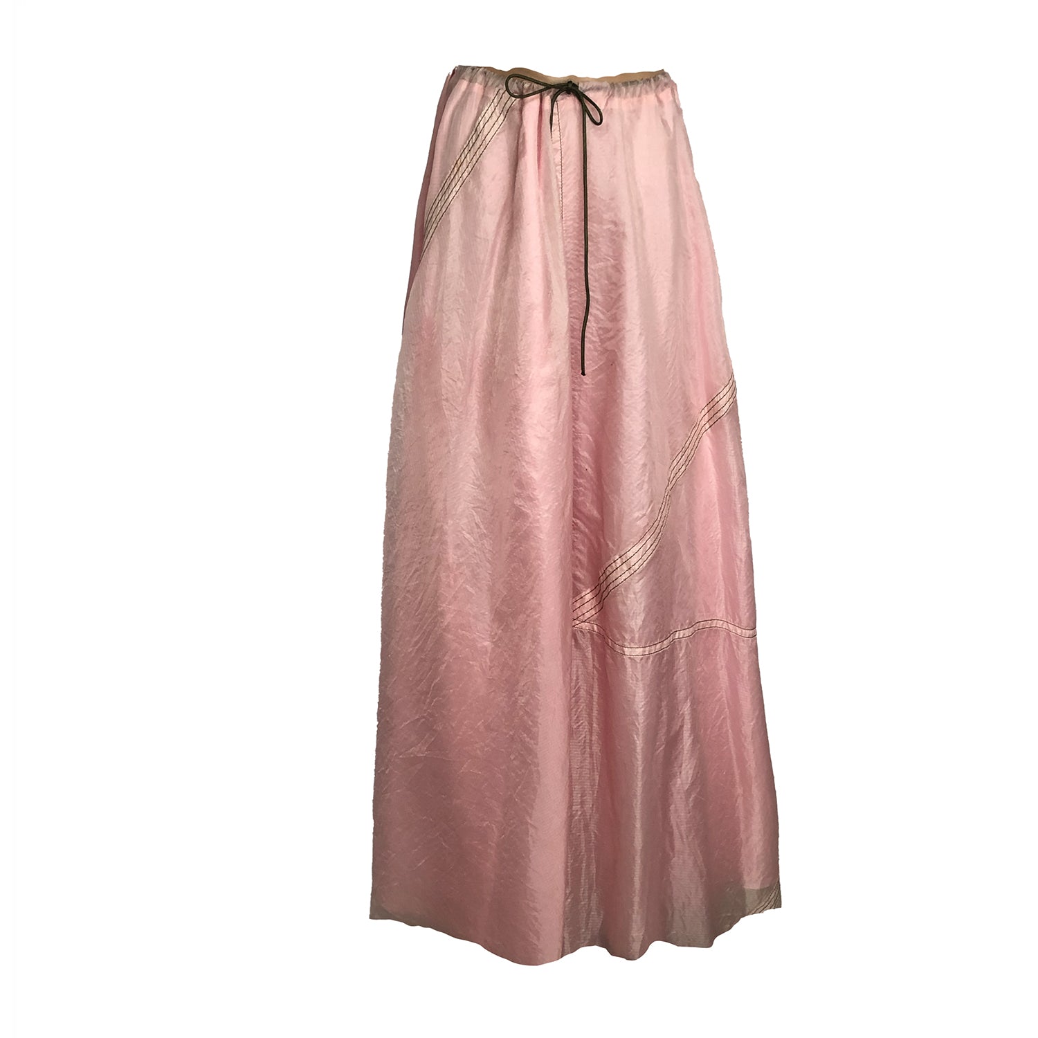 “Pink Amy Parachute Skirt, flowing drawstring-waist skirt made from upcycled nylon parachute, hand-dyed in a rare rosy hue”