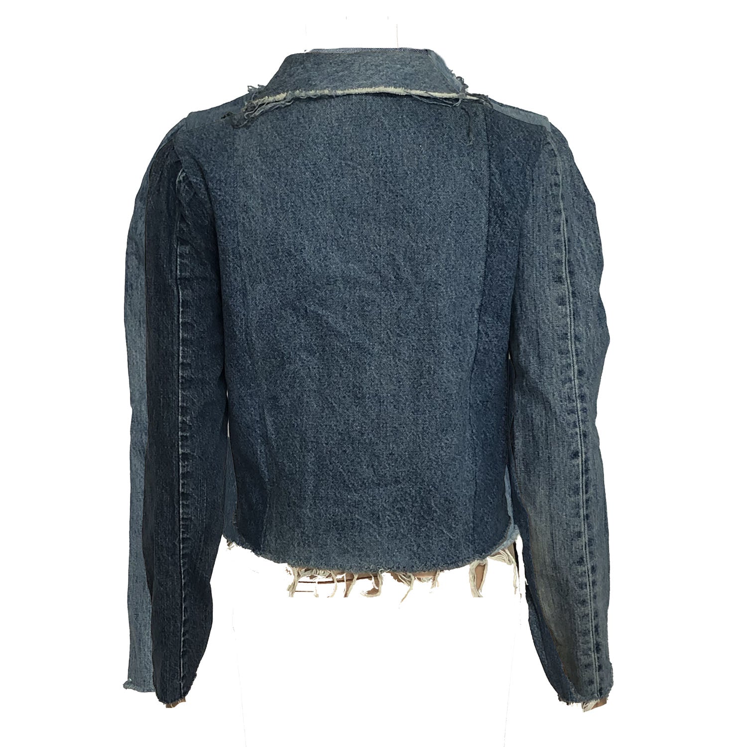 Back Medium blue upcycled denim motorcycle jacket with raw edges and metal zip. A timeless, sustainable staple reimagined with edge.