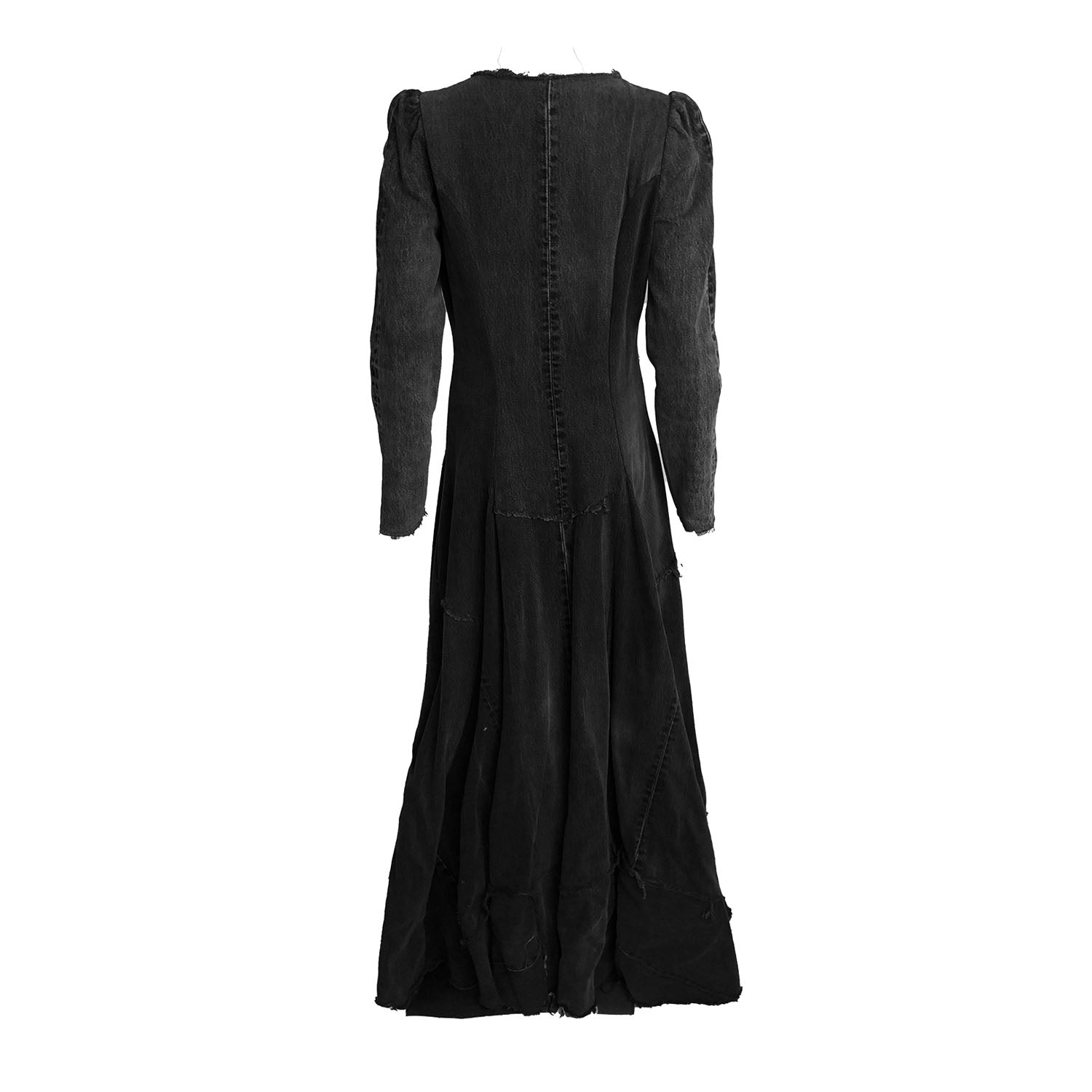 back view of the Beatrix Coat in distressed black upcycled denim featuring a high-low hem, raw edges, V-neckline, and exposed double zipper closure.