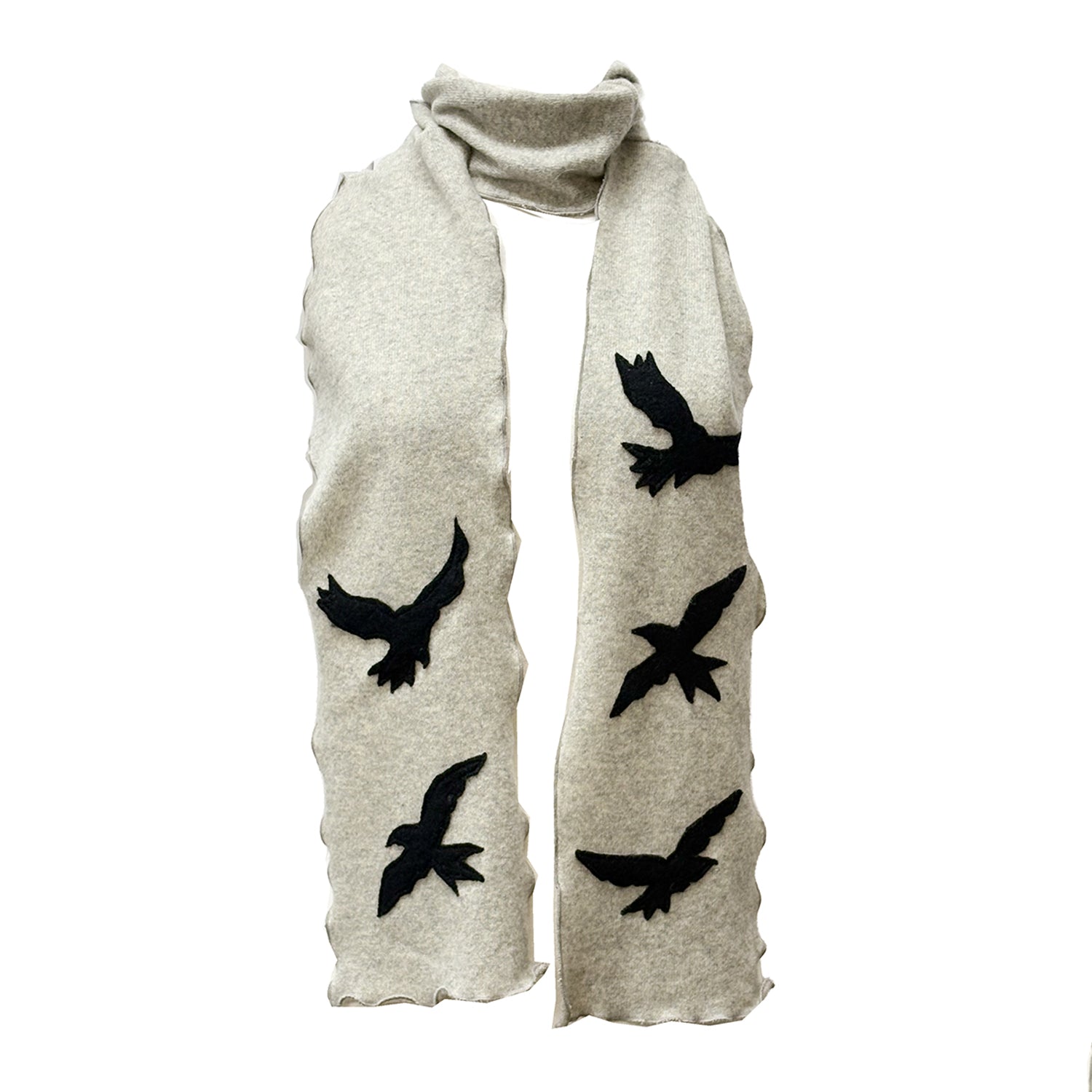 A striking reincarnated cashmere scarf with black bird appliqués on grey